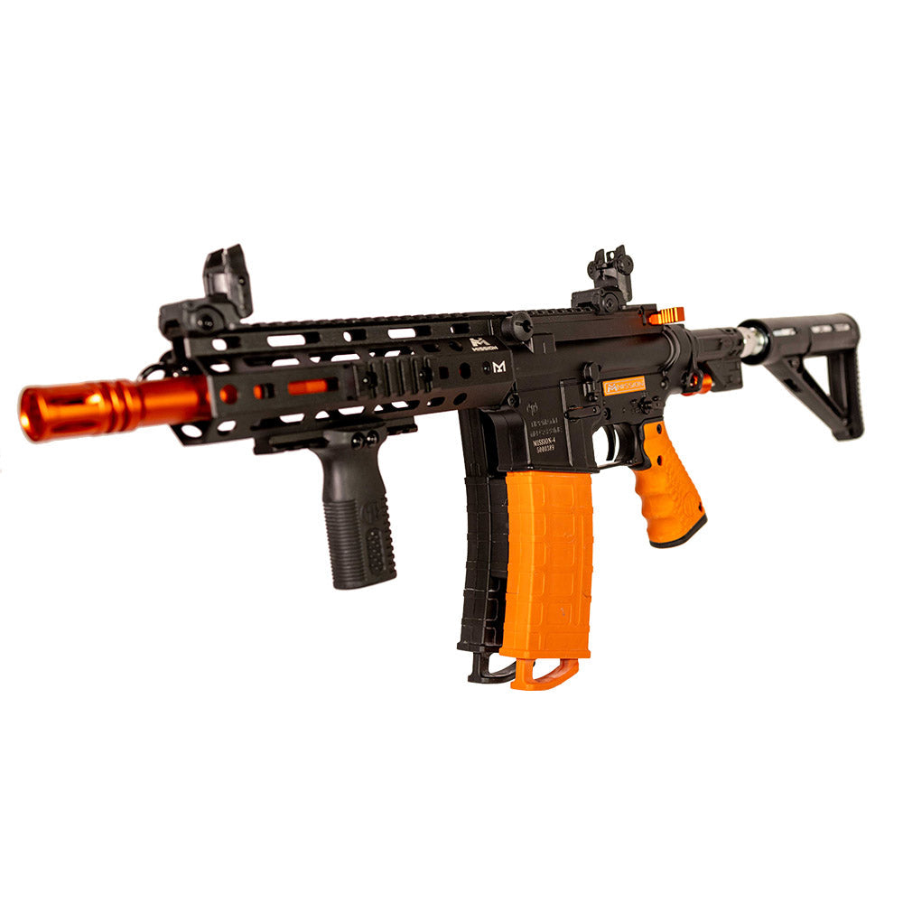 Byrna® Mission‑4 Less‑Lethal Launcher – CO₂‑powered .68 caliber shoulder-fired launcher with two 19‑round coupled magazines, up to 55 shots per 88 g CO₂ cylinder, muzzle velocity ~325 fps (max 365 fps), effective range up to 100 ft, durable magnesium receiver with AR‑15-style M-LOK rails, flip-up sights, vertical foregrip, and safe/fire selector switch, in white background.