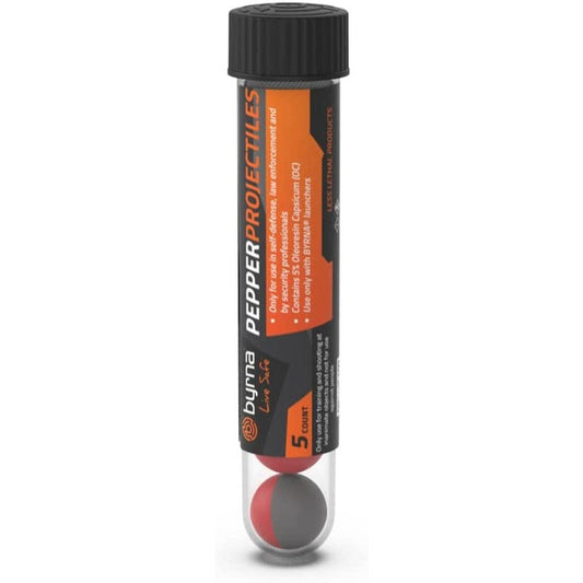 Container of Byrna® Non‑Lethal Self‑Defense Pepper Projectiles – .68 calibre rounds containing a potent Oleoresin Capsicum (OC) + PAVA blend (1 % OC + 4 % PAVA) that disperse a large irritant cloud upon impact, designed for use in Byrna launchers; ideal for non-lethal personal protection, in white background.