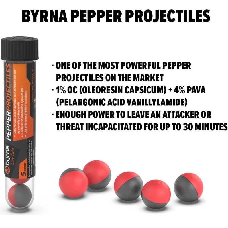 Features of Byrna® Non‑Lethal Self‑Defense Pepper Projectiles – .68 calibre rounds containing a potent Oleoresin Capsicum (OC) + PAVA blend (1 % OC + 4 % PAVA) that disperse a large irritant cloud upon impact, designed for use in Byrna launchers; ideal for non-lethal personal protection, in white background.