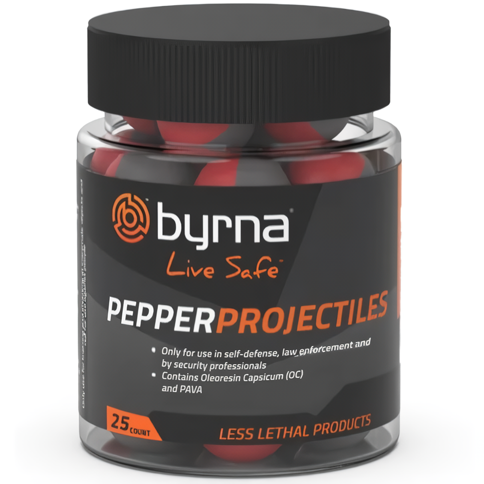 Bottle of Byrna® Non‑Lethal Self‑Defense Pepper Projectiles – .68 calibre rounds containing a potent Oleoresin Capsicum (OC) + PAVA blend (1 % OC + 4 % PAVA) that disperse a large irritant cloud upon impact, designed for use in Byrna launchers; ideal for non-lethal personal protection, in white backgorund.