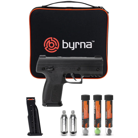 Byrna SD Kinetic Non‑Lethal CA‑Legal Projectile Gun Bundle – CO₂‑powered .68 caliber launcher kit including two 5‑round magazines, two 8 g CO₂ cylinders, tubes of kinetic, eco‑kinetic, and training rounds, plus a carrying case; delivers effective non‑lethal defense out to 60 ft, ambidextrous safety, Picatinny rail, and honeycomb grip, in white background.