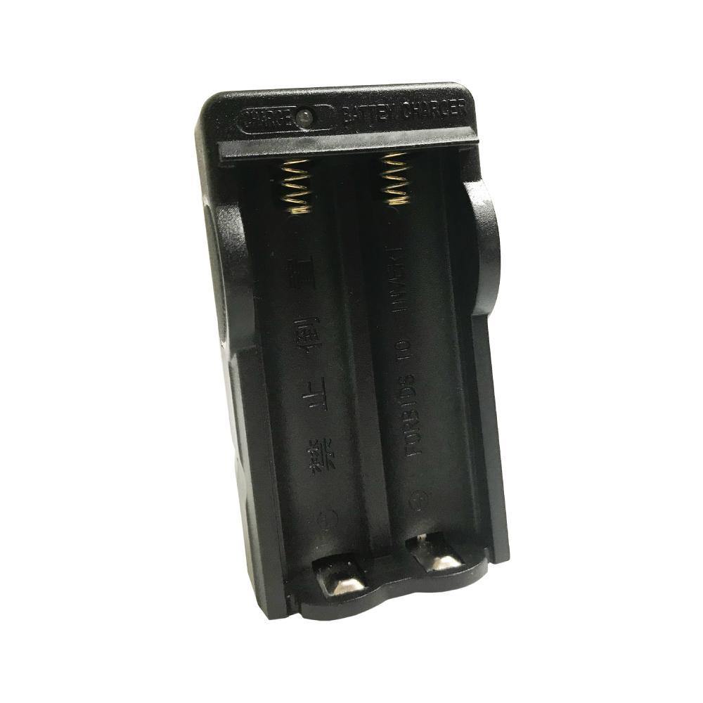 Double Battery Charger 3.7 V Li-ion - compact charger designed to recharge two 3.7-volt lithium-ion batteries simultaneously for flashlights and electronic devices, in white background.