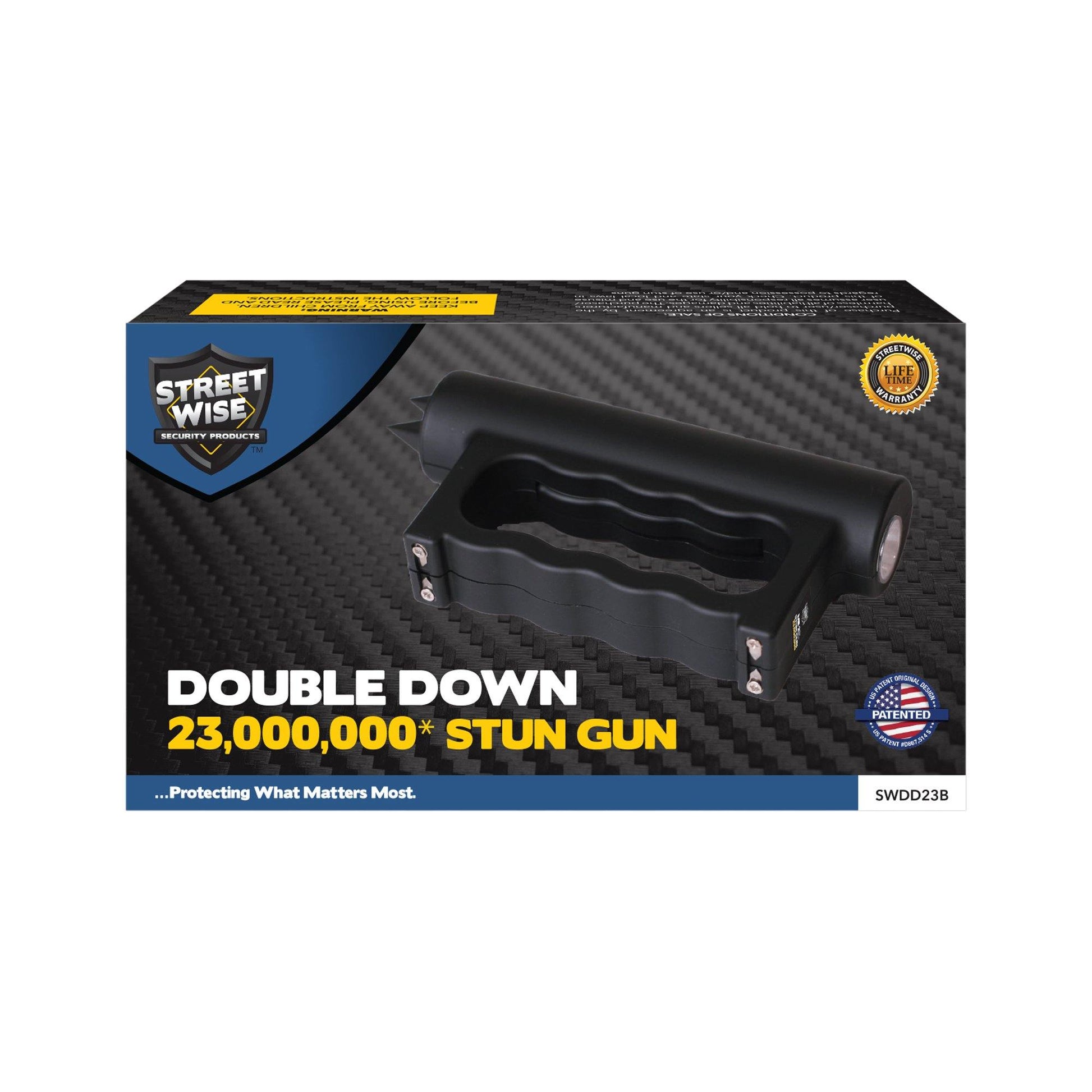 Product box for Double Down 23,000,000* Stun Gun - powerful dual-contact stun device designed for maximum stopping power and reliable personal protection, in white background.