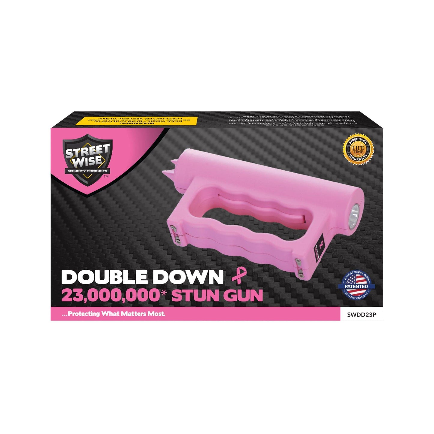 Product box for Double Down 23,000,000* Stun Gun - powerful dual-contact stun device designed for maximum stopping power and reliable personal protection, in white background.