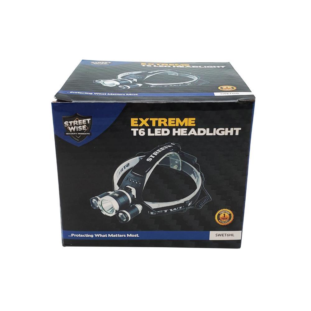 Product box for Extreme T6 LED Headlight – powerful and adjustable headlamp with T6 LED technology, ideal for hands-free lighting during outdoor and tactical activities, in white background.