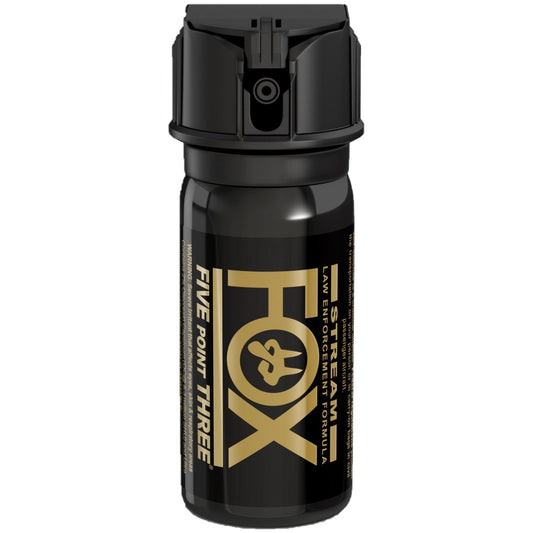 Fox Labs Five Point Three Pepper Spray – high-strength police-grade spray featuring 2% OC formula with 5.3 million Scoville Heat Units (SHU), available in sizes from 1.5 oz to 16 oz with stream or cone delivery, oil-based non-flammable formula with UV marking dye, spring-loaded flip-top safety, and up to 17 ft range, in white background.