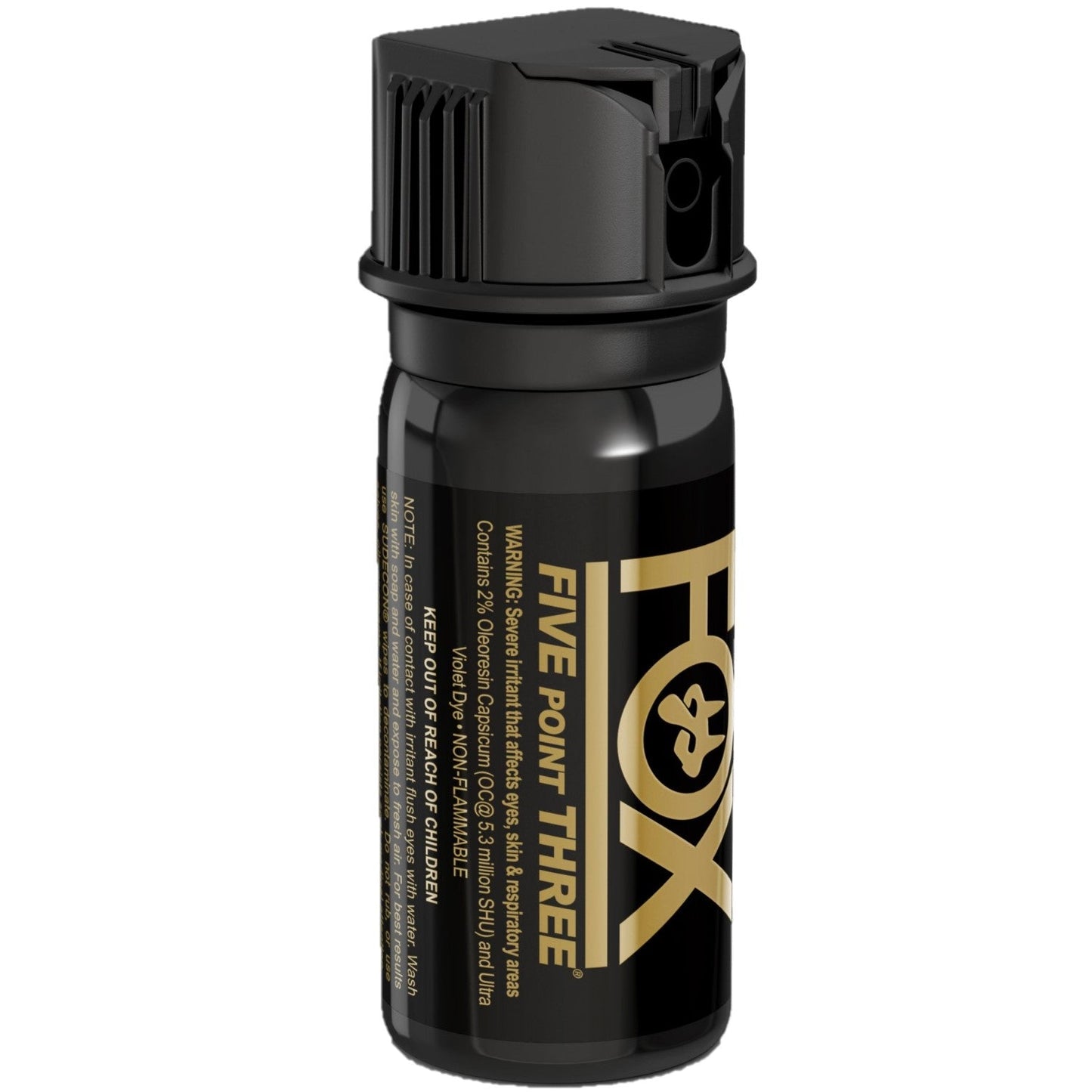 Fox Labs Five Point Three Pepper Spray – high-strength police-grade spray featuring 2% OC formula with 5.3 million Scoville Heat Units (SHU), available in sizes from 1.5 oz to 16 oz with stream or cone delivery, oil-based non-flammable formula with UV marking dye, spring-loaded flip-top safety, and up to 17 ft range, in white background.
