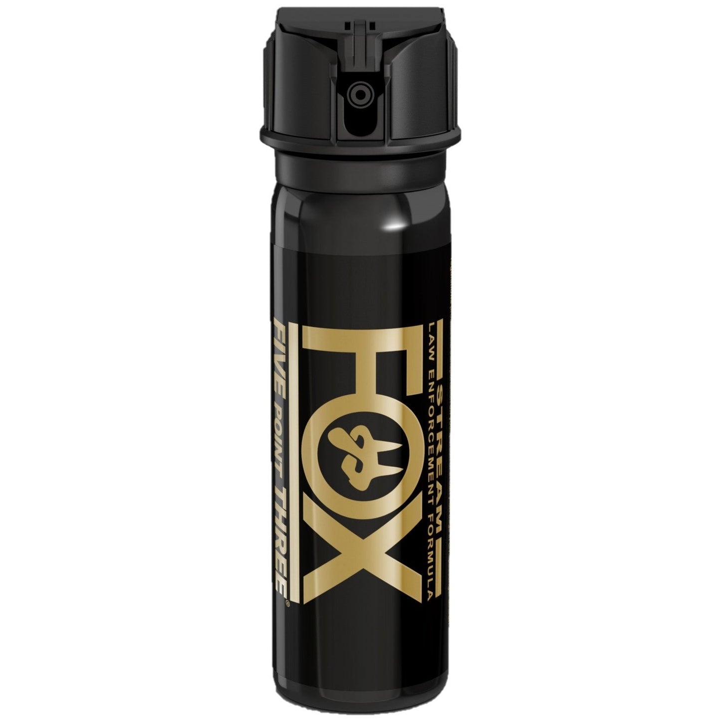 Fox Labs Five Point Three Pepper Spray – high-strength police-grade spray featuring 2% OC formula with 5.3 million Scoville Heat Units (SHU), available in sizes from 1.5 oz to 16 oz with stream or cone delivery, oil-based non-flammable formula with UV marking dye, spring-loaded flip-top safety, and up to 17 ft range, in white background.