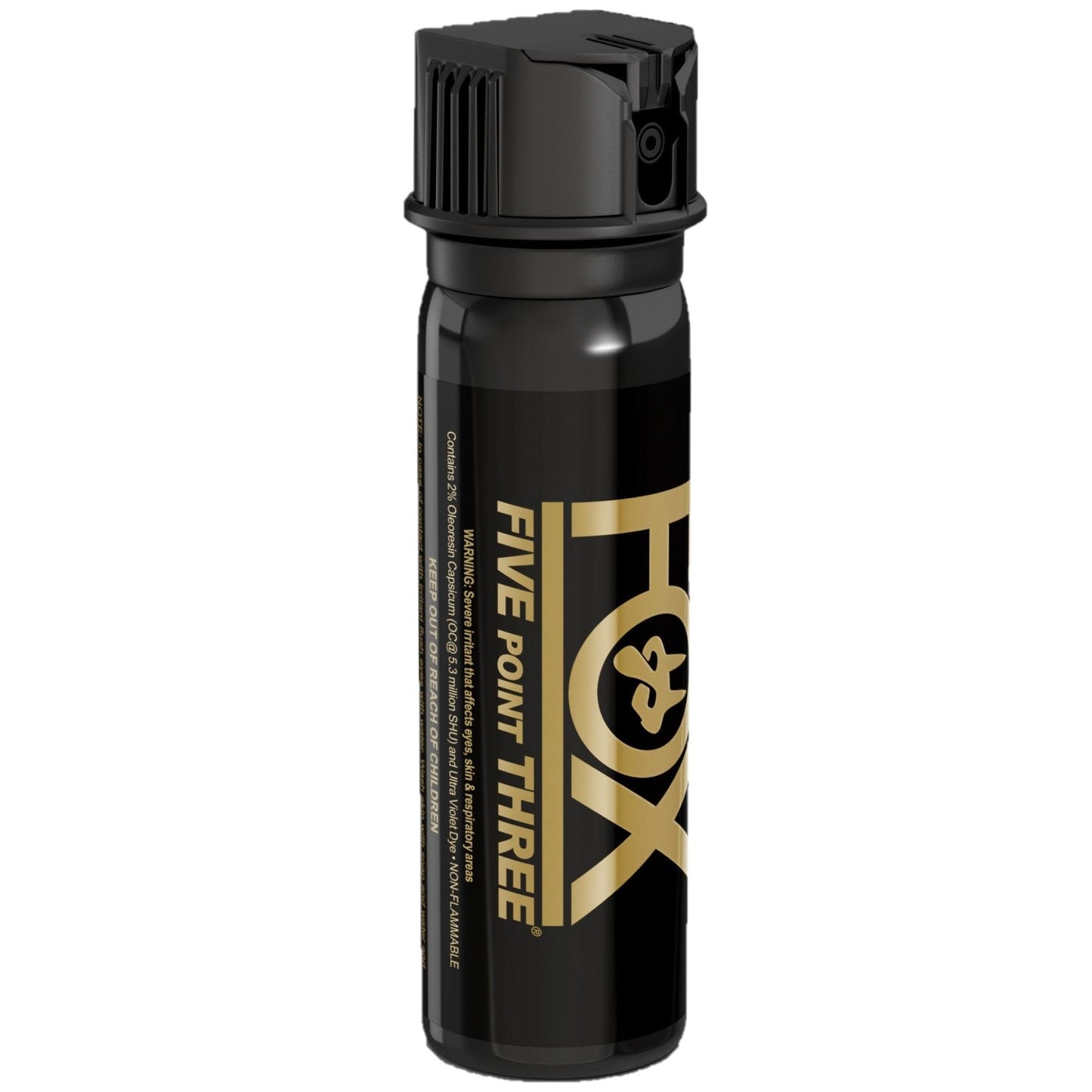 Fox Labs Five Point Three Pepper Spray – high-strength police-grade spray featuring 2% OC formula with 5.3 million Scoville Heat Units (SHU), available in sizes from 1.5 oz to 16 oz with stream or cone delivery, oil-based non-flammable formula with UV marking dye, spring-loaded flip-top safety, and up to 17 ft range, in white background.