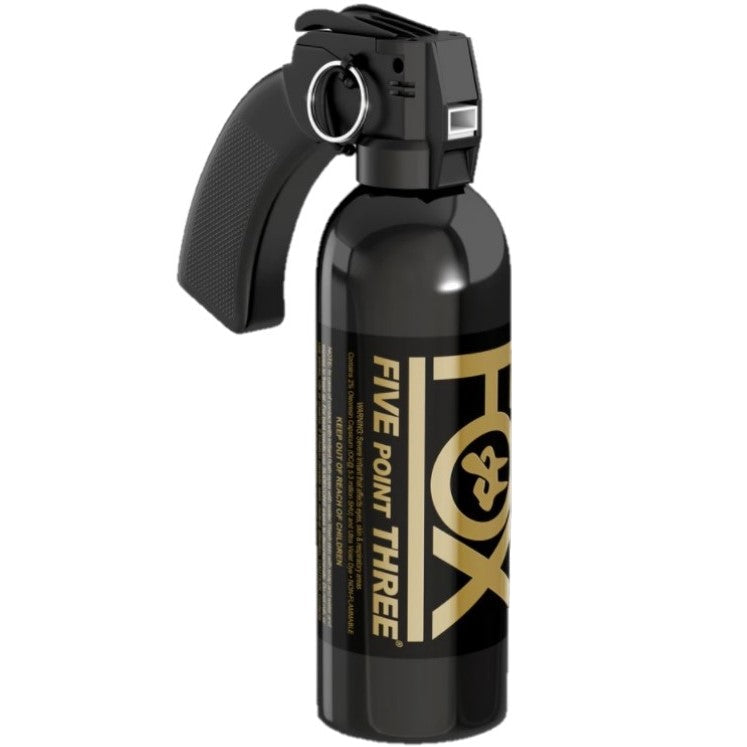 Fox Labs Five Point Three Pepper Spray – high-strength police-grade spray featuring 2% OC formula with 5.3 million Scoville Heat Units (SHU), available in sizes from 1.5 oz to 16 oz with stream or cone delivery, oil-based non-flammable formula with UV marking dye, spring-loaded flip-top safety, and up to 17 ft range, in white background.