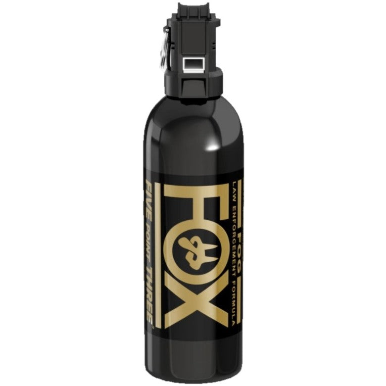 Fox Labs Five Point Three Pepper Spray – high-strength police-grade spray featuring 2% OC formula with 5.3 million Scoville Heat Units (SHU), available in sizes from 1.5 oz to 16 oz with stream or cone delivery, oil-based non-flammable formula with UV marking dye, spring-loaded flip-top safety, and up to 17 ft range, in white background.