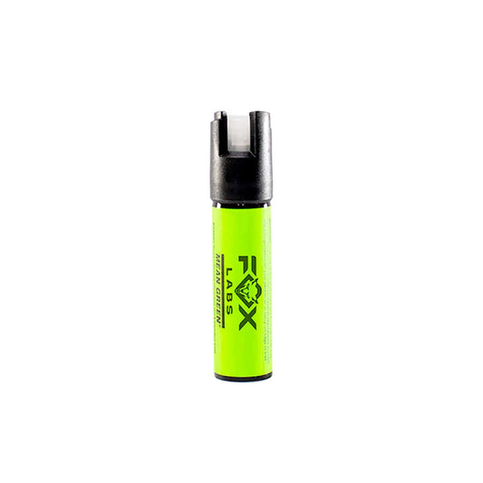 Fox Labs Mean Green Pepper Spray – high-strength self-defense spray (3 million SHU) featuring a visible green dye marker for easy assailant identification, available in 0.5 oz to 3 oz sizes and cone fog or stream delivery, with spring-loaded flip-top safety and non-flammable, TASER-safe formula, in white background.