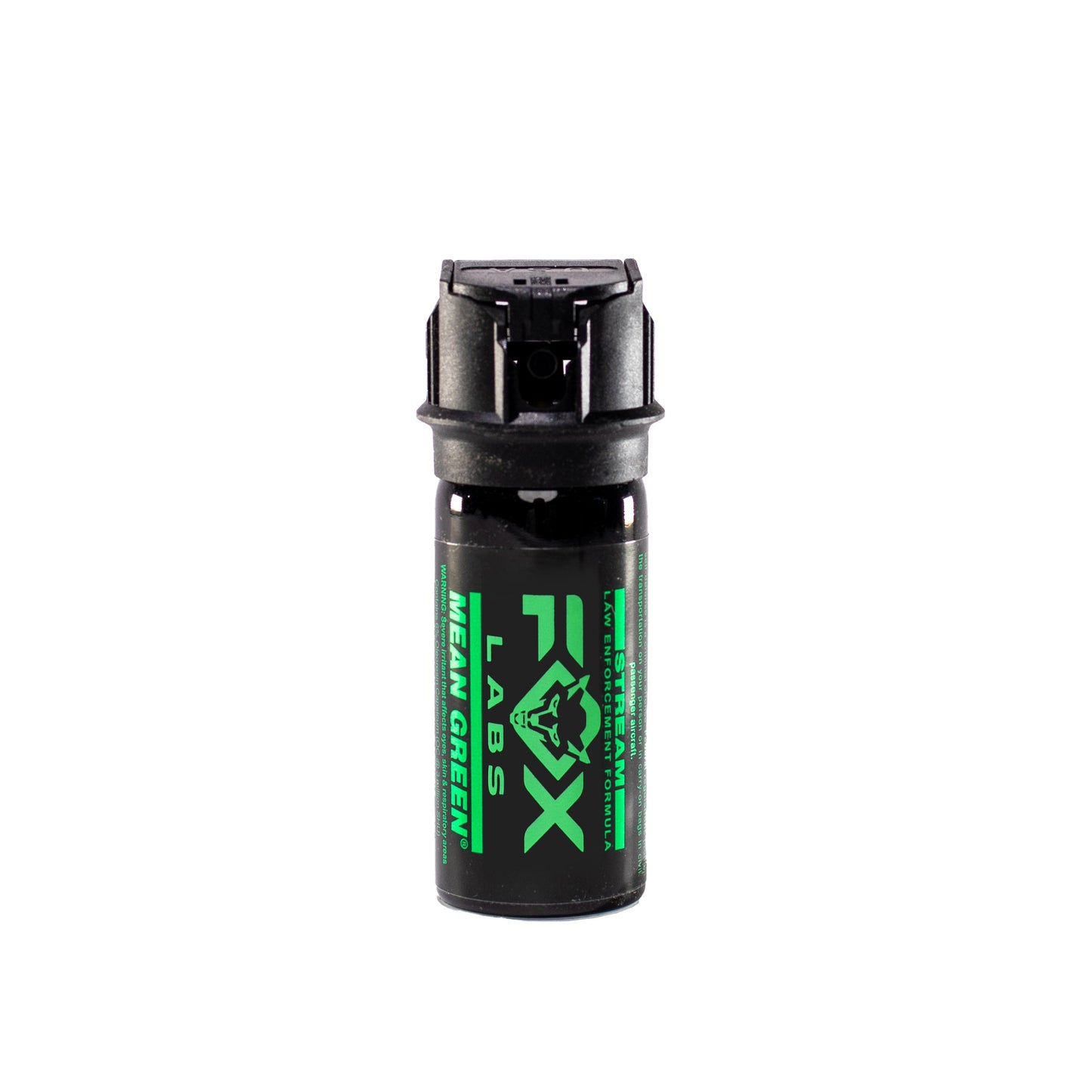 Fox Labs Mean Green Pepper Spray – high-strength self-defense spray (3 million SHU) featuring a visible green dye marker for easy assailant identification, available in 0.5 oz to 3 oz sizes and cone fog or stream delivery, with spring-loaded flip-top safety and non-flammable, TASER-safe formula, in white background.