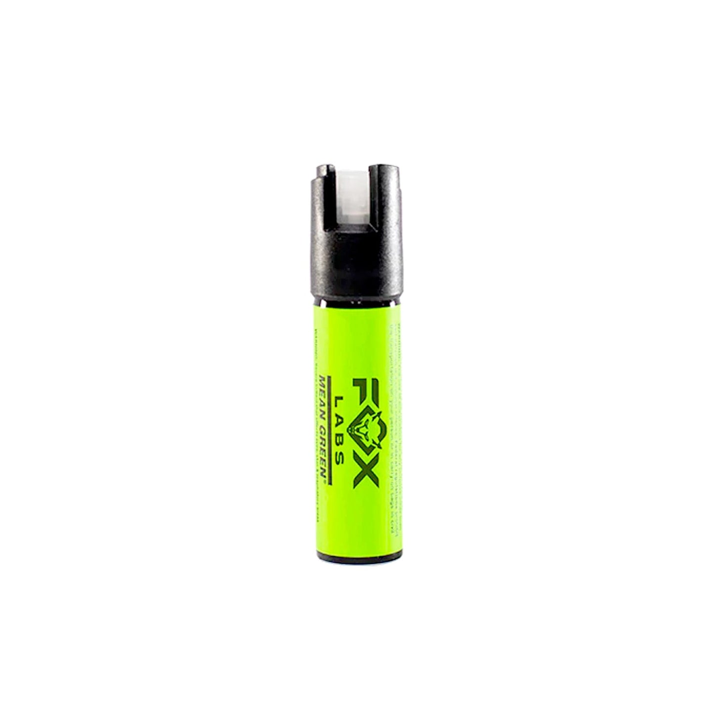 Fox Labs Mean Green Pepper Spray – high-strength self-defense spray (3 million SHU) featuring a visible green dye marker for easy assailant identification, available in 0.5 oz to 3 oz sizes and cone fog or stream delivery, with spring-loaded flip-top safety and non-flammable, TASER-safe formula, in white background.