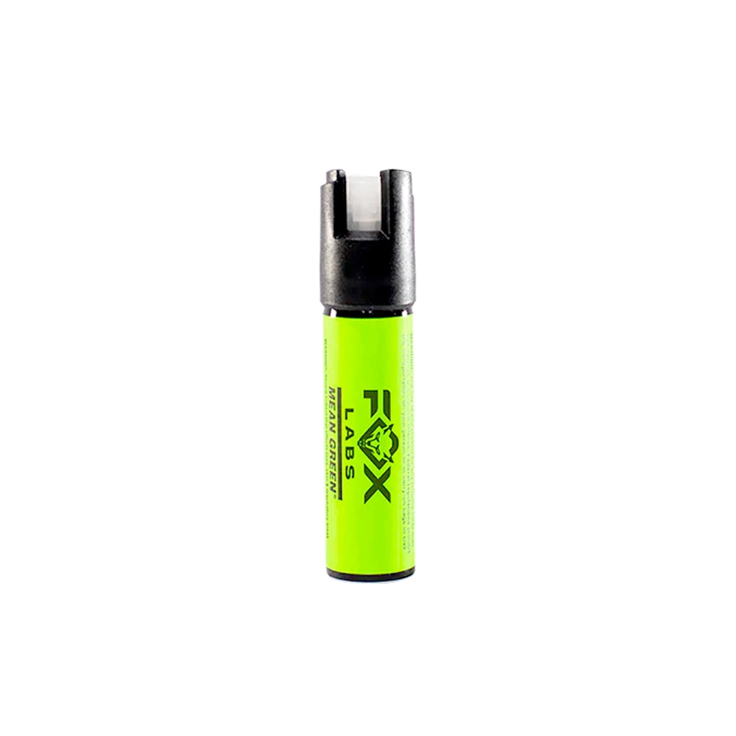 Fox Labs Mean Green Pepper Spray – high-strength self-defense spray (3 million SHU) featuring a visible green dye marker for easy assailant identification, available in 0.5 oz to 3 oz sizes and cone fog or stream delivery, with spring-loaded flip-top safety and non-flammable, TASER-safe formula, in white background.