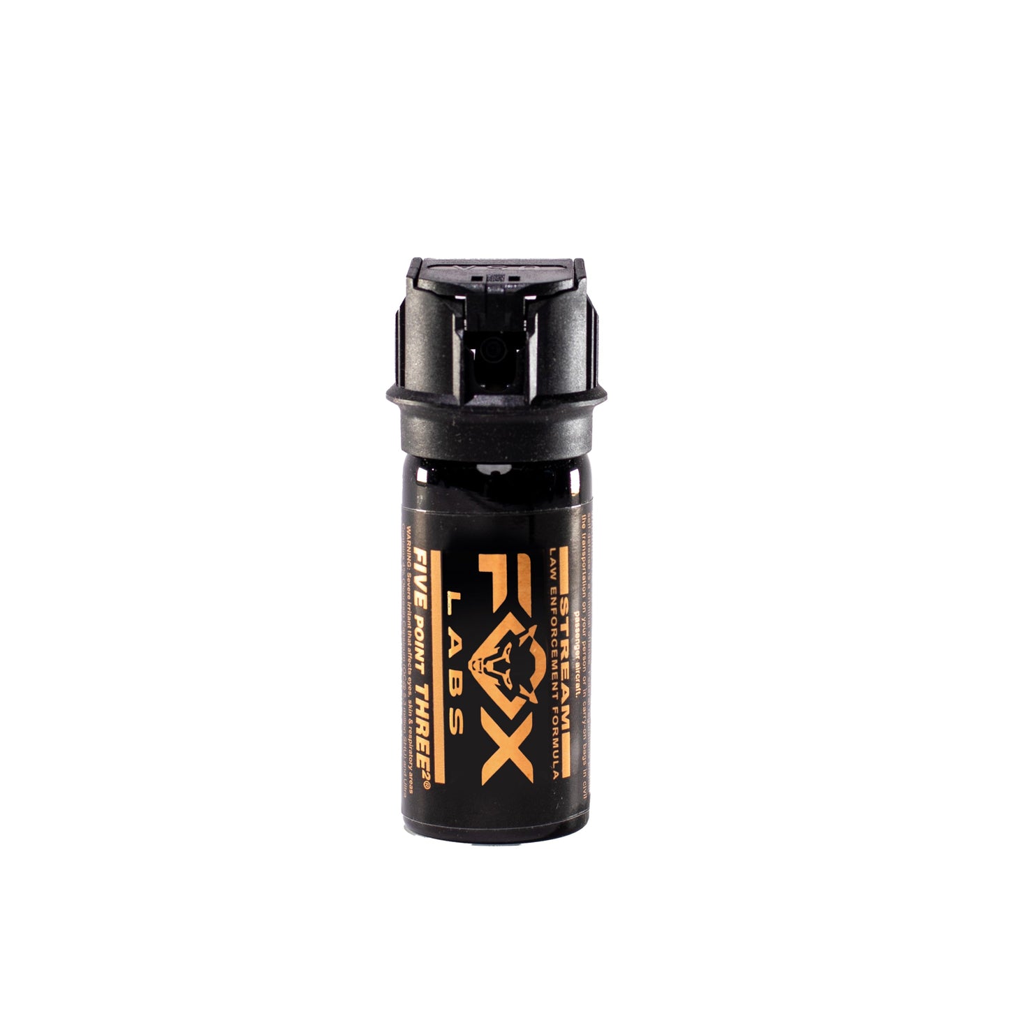Fox Labs One Point Four Pepper Spray – ultra-high strength oil‑based stream spray with 5.3 million Scoville units doubled (1.4% MC), offering up to 16 ft range and an 8‑second discharge in a compact hard-shell flip‑top canister with UV marking dye, favored by law enforcement, in white background.