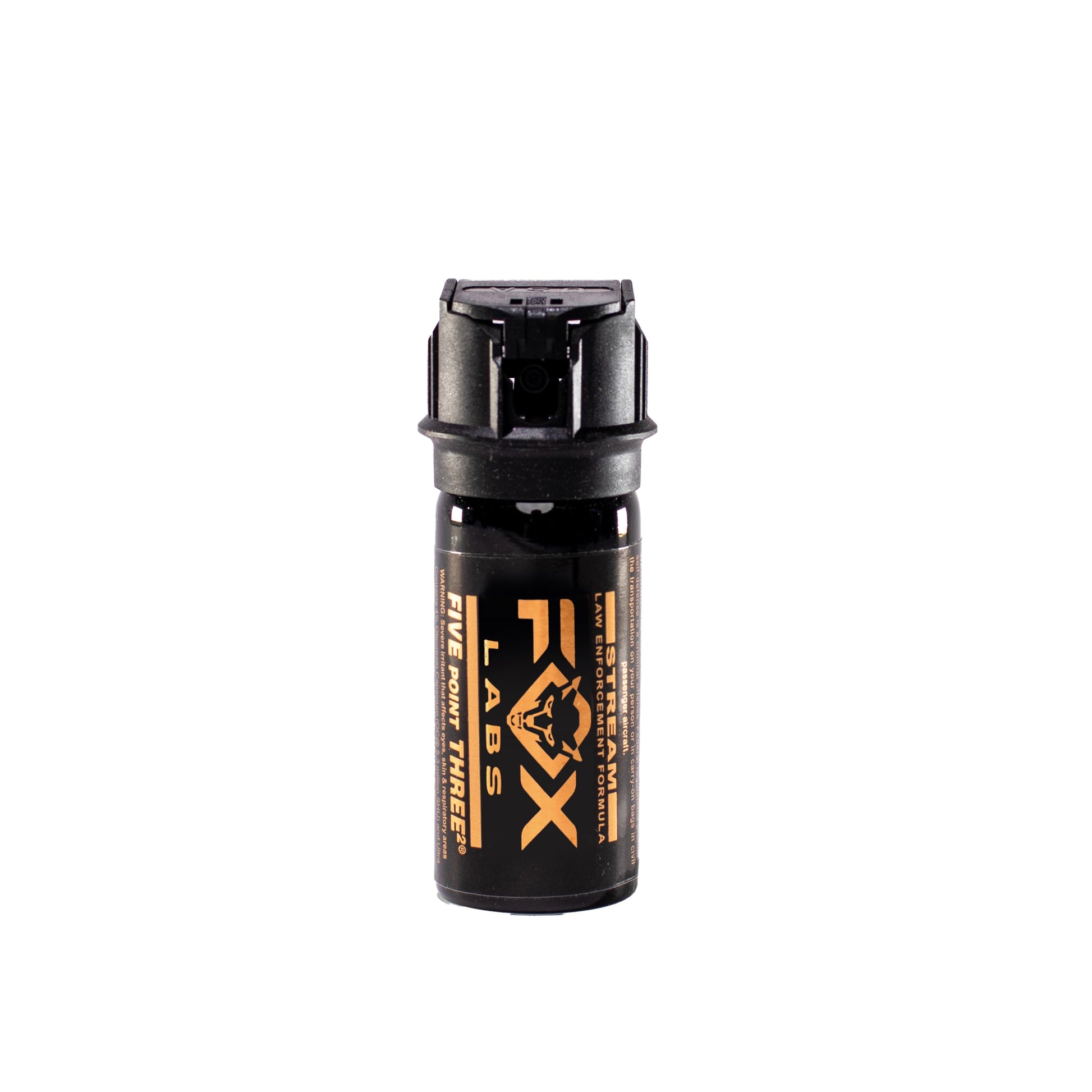 Fox Labs One Point Four Pepper Spray – ultra-high strength oil‑based stream spray with 5.3 million Scoville units doubled (1.4% MC), offering up to 16 ft range and an 8‑second discharge in a compact hard-shell flip‑top canister with UV marking dye, favored by law enforcement, in white background.
