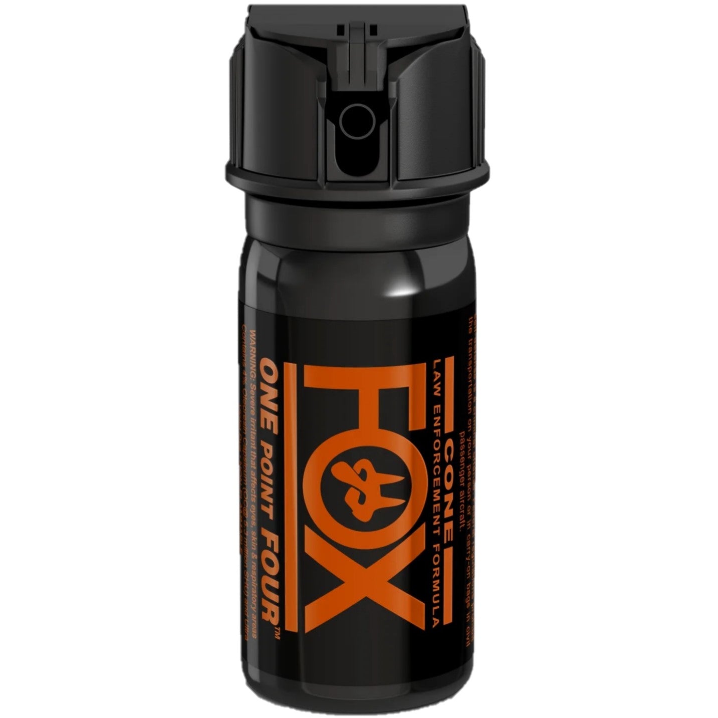 Fox Labs One Point Four Pepper Spray – ultra-high strength oil‑based stream spray with 5.3 million Scoville units doubled (1.4% MC), offering up to 16 ft range and an 8‑second discharge in a compact hard-shell flip‑top canister with UV marking dye, favored by law enforcement, in white background.