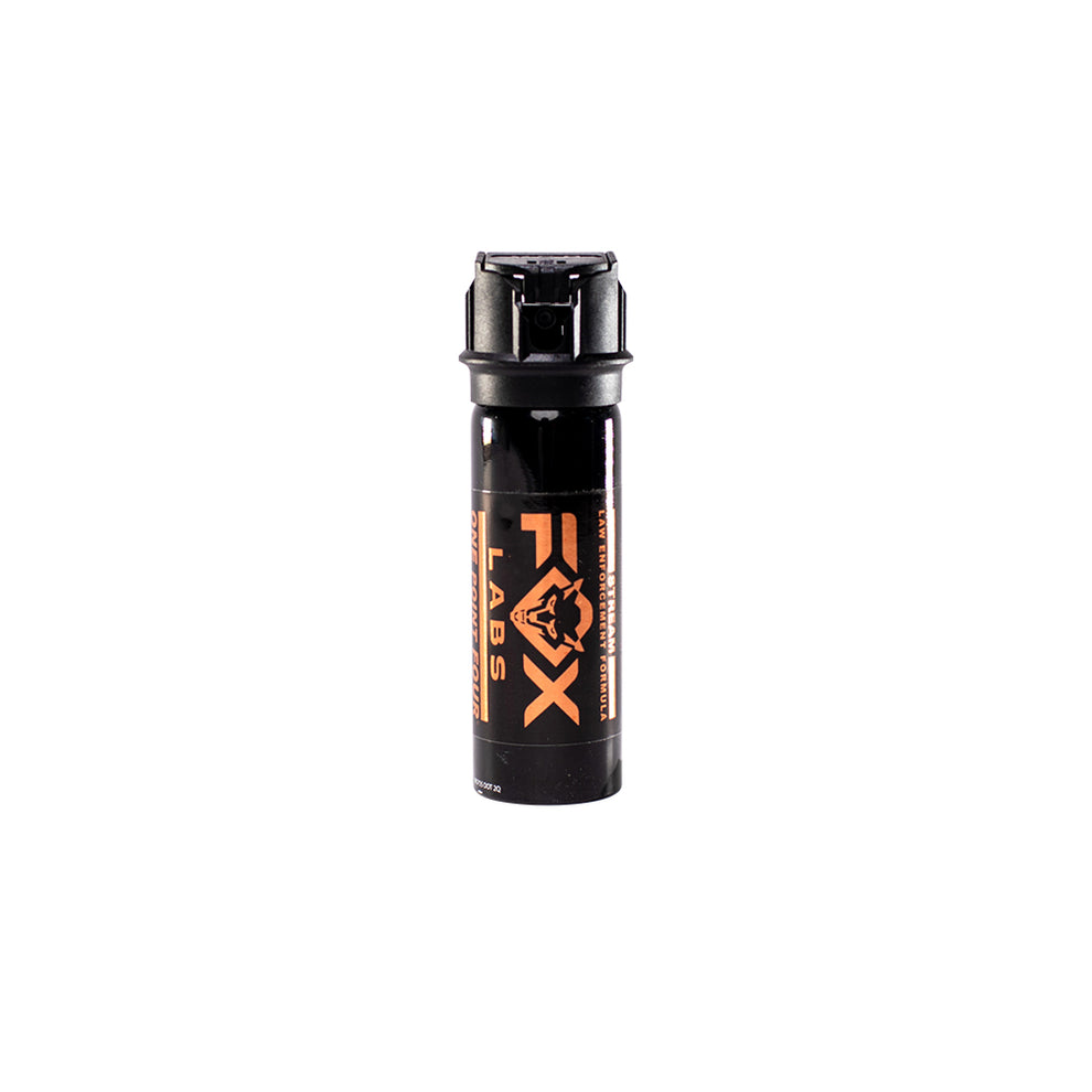 Fox Labs One Point Four Pepper Spray – ultra-high strength oil‑based stream spray with 5.3 million Scoville units doubled (1.4% MC), offering up to 16 ft range and an 8‑second discharge in a compact hard-shell flip‑top canister with UV marking dye, favored by law enforcement, in white background.