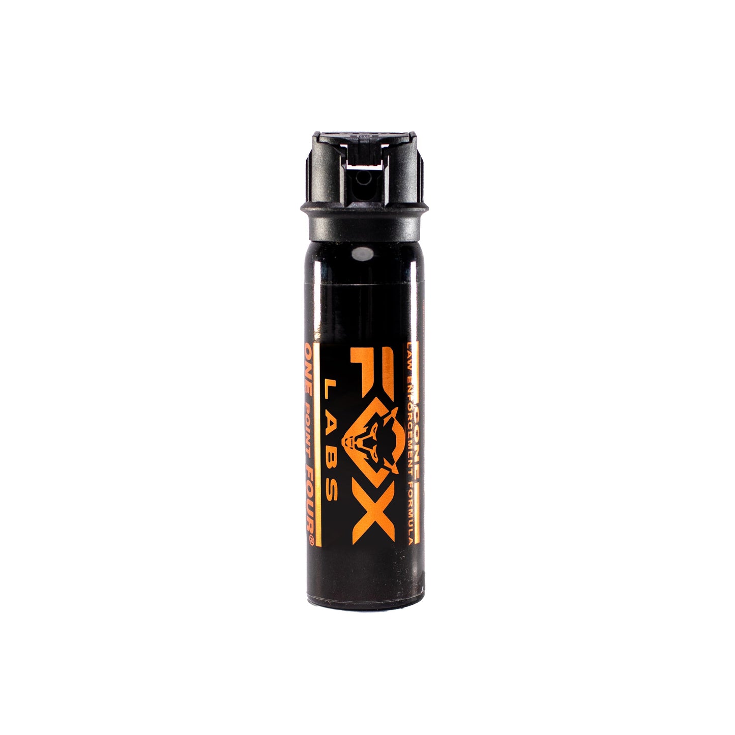 Fox Labs One Point Four Pepper Spray – ultra-high strength oil‑based stream spray with 5.3 million Scoville units doubled (1.4% MC), offering up to 16 ft range and an 8‑second discharge in a compact hard-shell flip‑top canister with UV marking dye, favored by law enforcement, in white background.