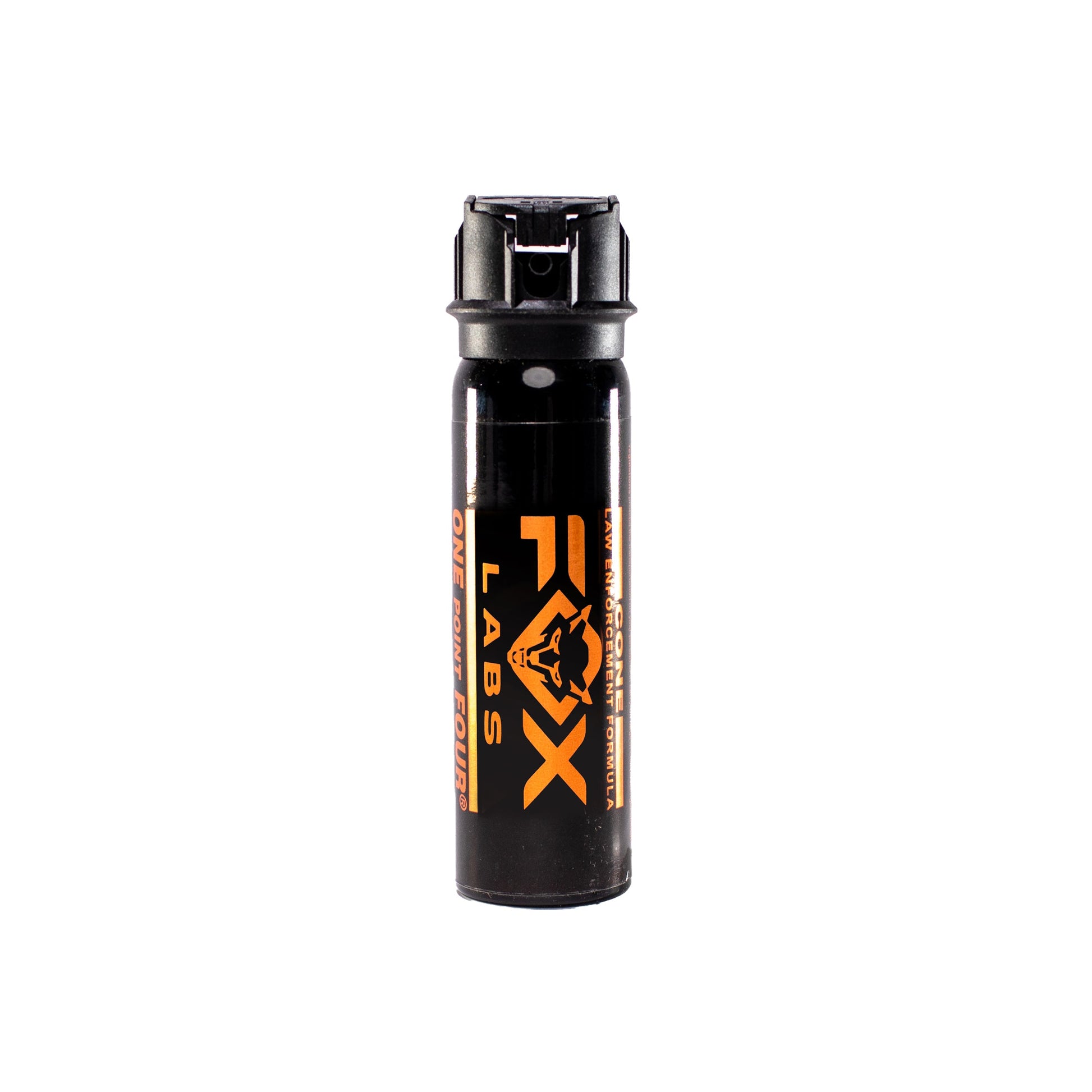 Fox Labs One Point Four Pepper Spray – ultra-high strength oil‑based stream spray with 5.3 million Scoville units doubled (1.4% MC), offering up to 16 ft range and an 8‑second discharge in a compact hard-shell flip‑top canister with UV marking dye, favored by law enforcement, in white background.