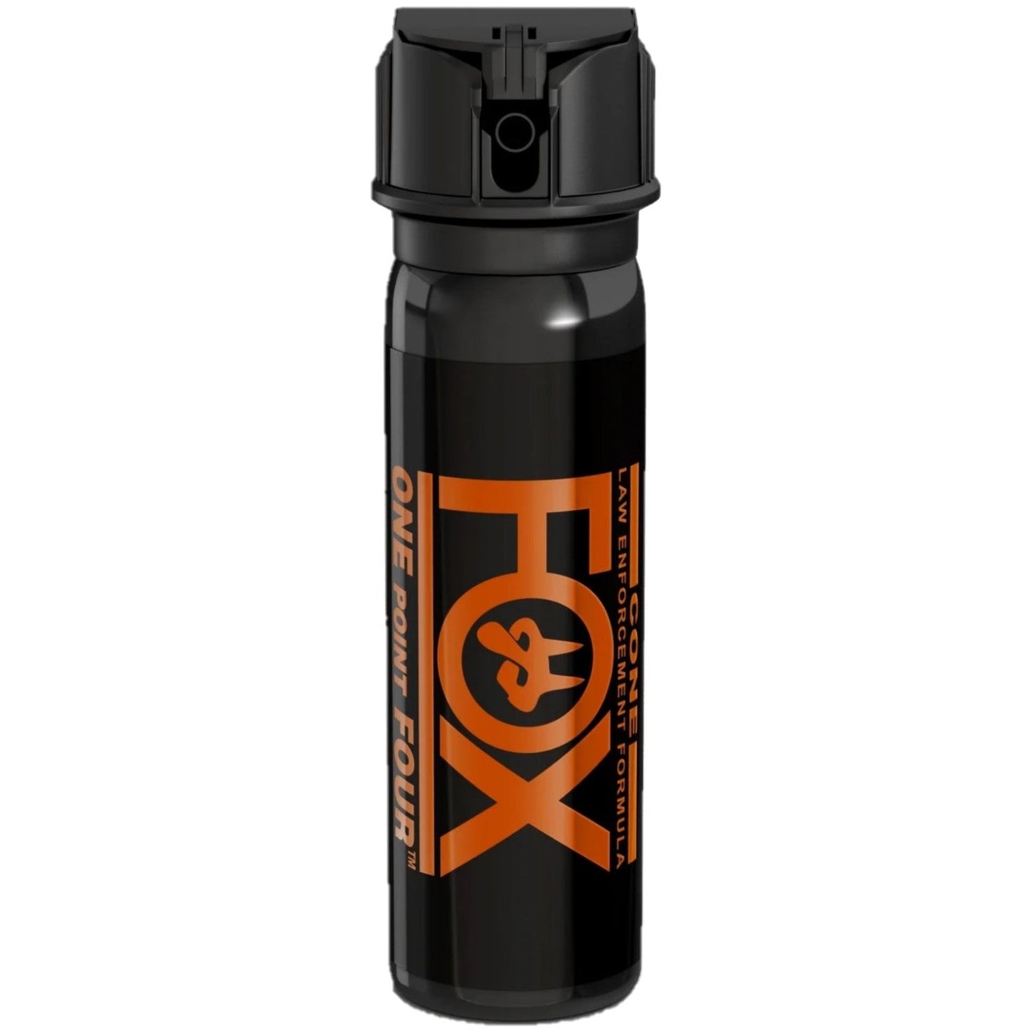 Fox Labs One Point Four Pepper Spray – ultra-high strength oil‑based stream spray with 5.3 million Scoville units doubled (1.4% MC), offering up to 16 ft range and an 8‑second discharge in a compact hard-shell flip‑top canister with UV marking dye, favored by law enforcement, in white background.