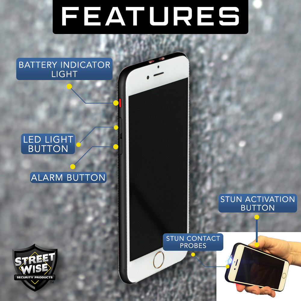 Features of Friphone 14,000,000 Stun Gun - cleverly disguised as a smartphone, this high-voltage stun gun offers discreet and effective personal protection.