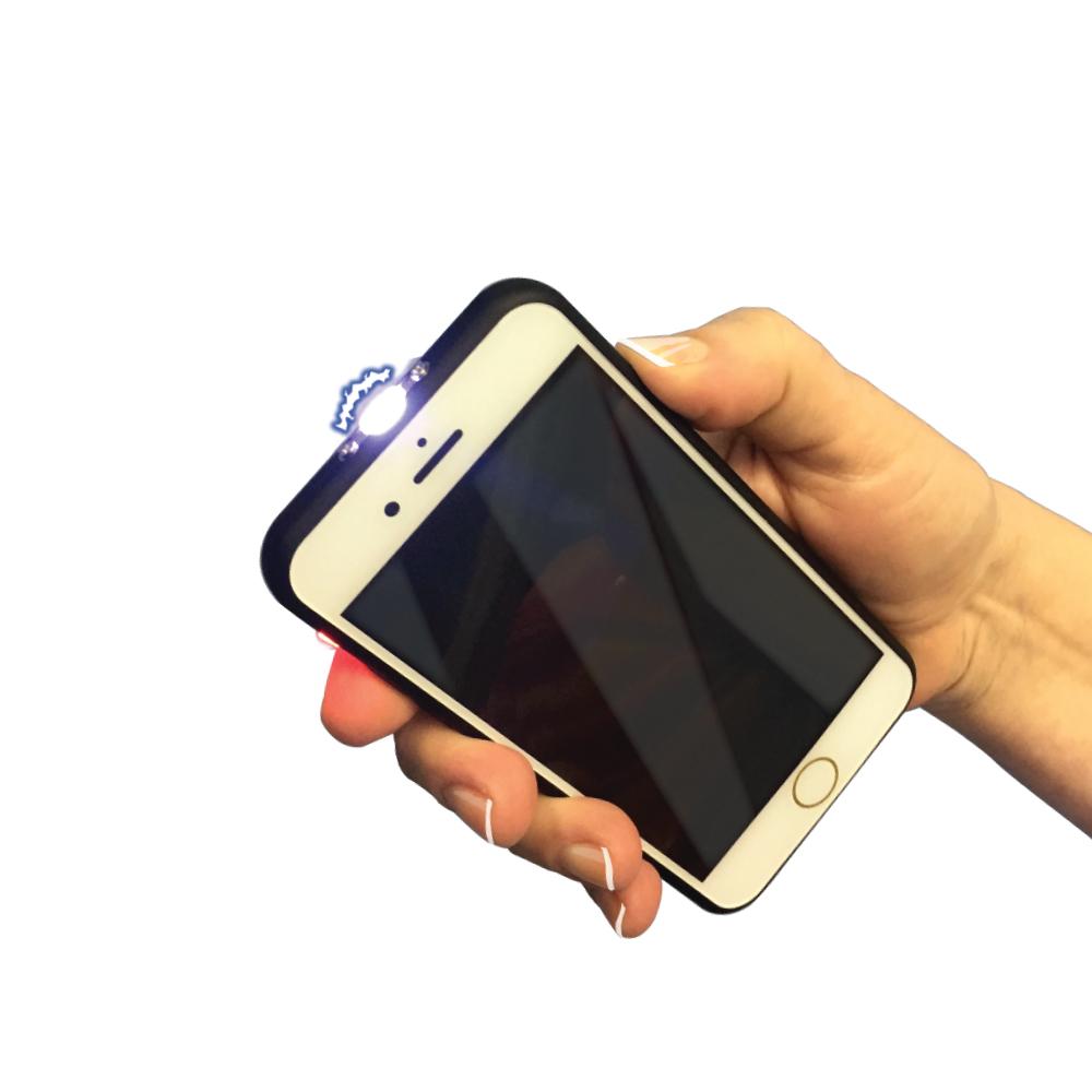 Someone holding Friphone 14,000,000 Stun Gun - cleverly disguised as a smartphone, this high-voltage stun gun offers discreet and effective personal protection, in white background.