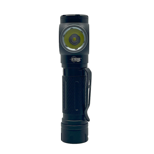 GF Thunder Compact 1000 Lumen Light with Magnetic Base – rechargeable 4.25″ tactical flashlight featuring a 10 W LED with five light modes (100 %, 50 %, 10 %, SOS, strobe), IPX7 waterproof rating, shock resistance to 1.5 m, a built-in magnetic base for hands-free use, metal clip, and included headband, in white background.