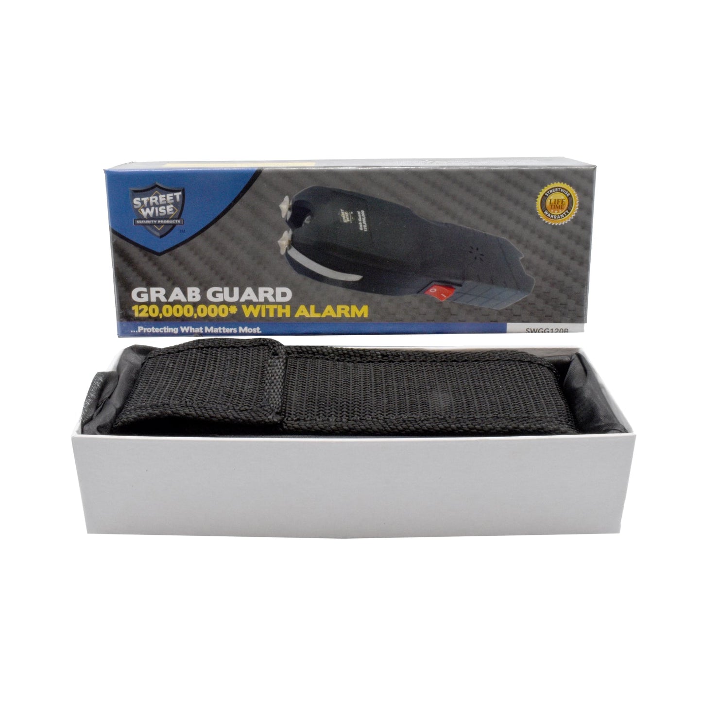 Grab Guard 120,000,000 Stun Gun – powerful self-defense device featuring a high-voltage output and anti-grab technology for enhanced personal protection, inside product box, in white background.
