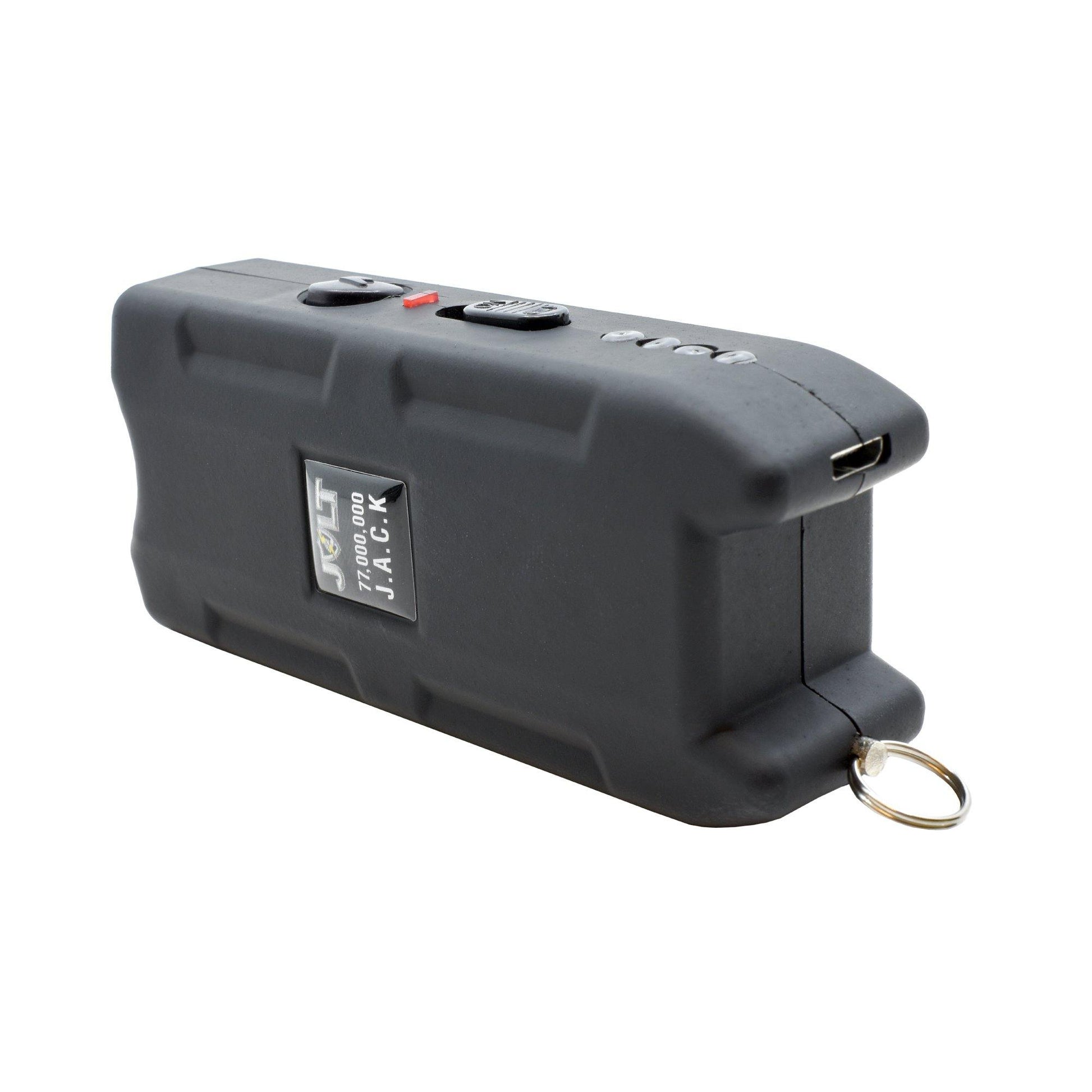 JACK 77,000,000 Stun Gun - compact and high-powered self-defense device designed for easy handling and quick response in emergencies, in white background.