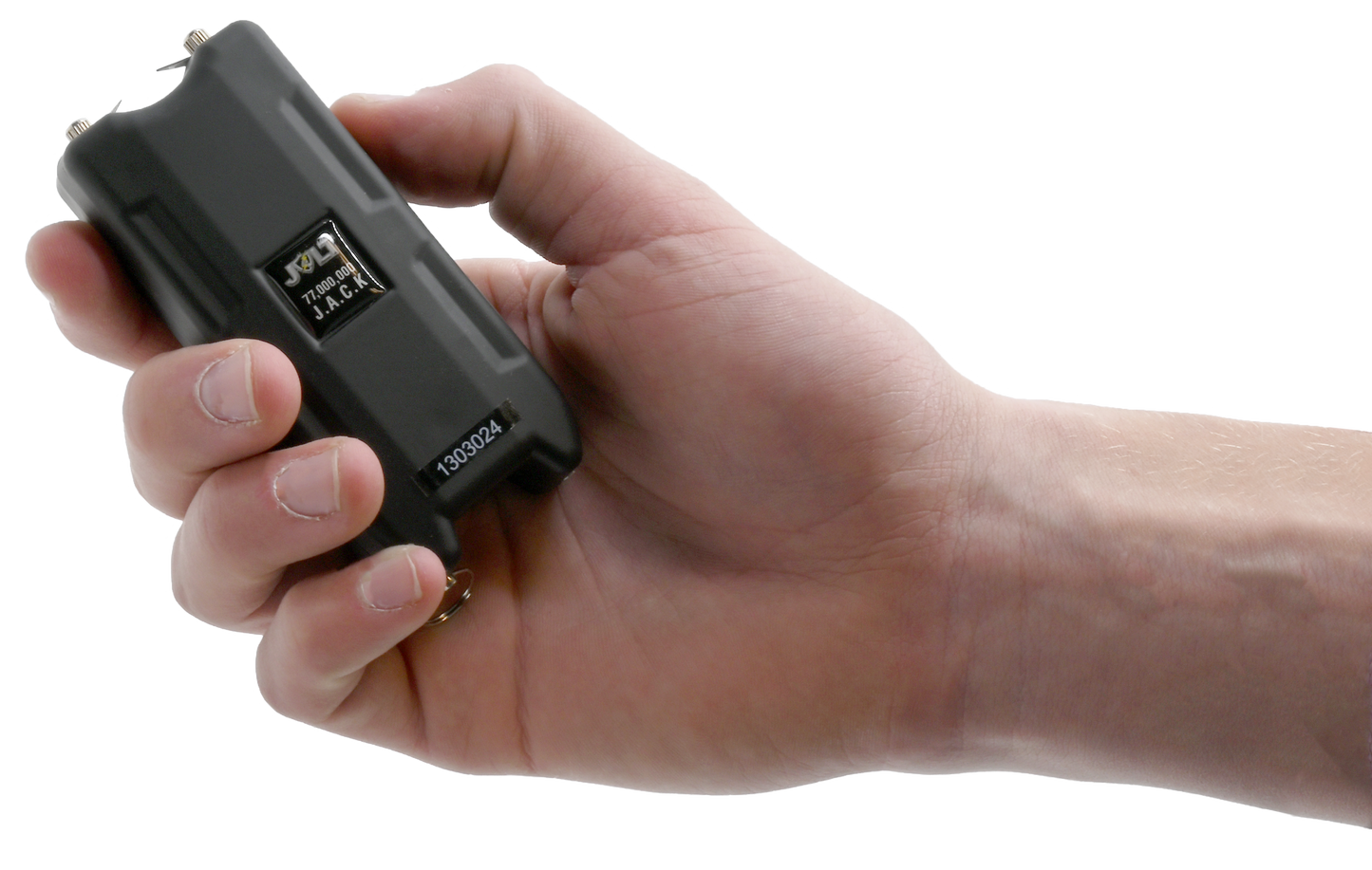 Someone holding JACK 77,000,000 Stun Gun - compact and high-powered self-defense device designed for easy handling and quick response in emergencies, in checkered  background.