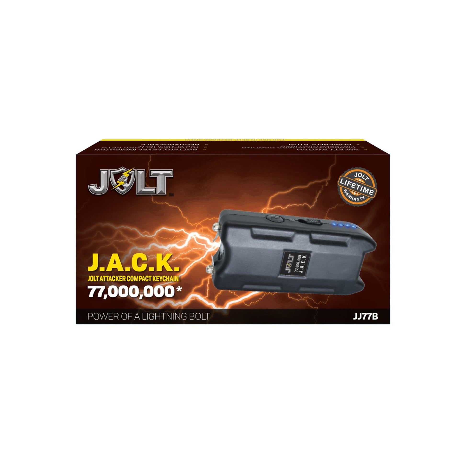 Product box for JACK 77,000,000 Stun Gun - compact and high-powered self-defense device designed for easy handling and quick response in emergencies, in white background.