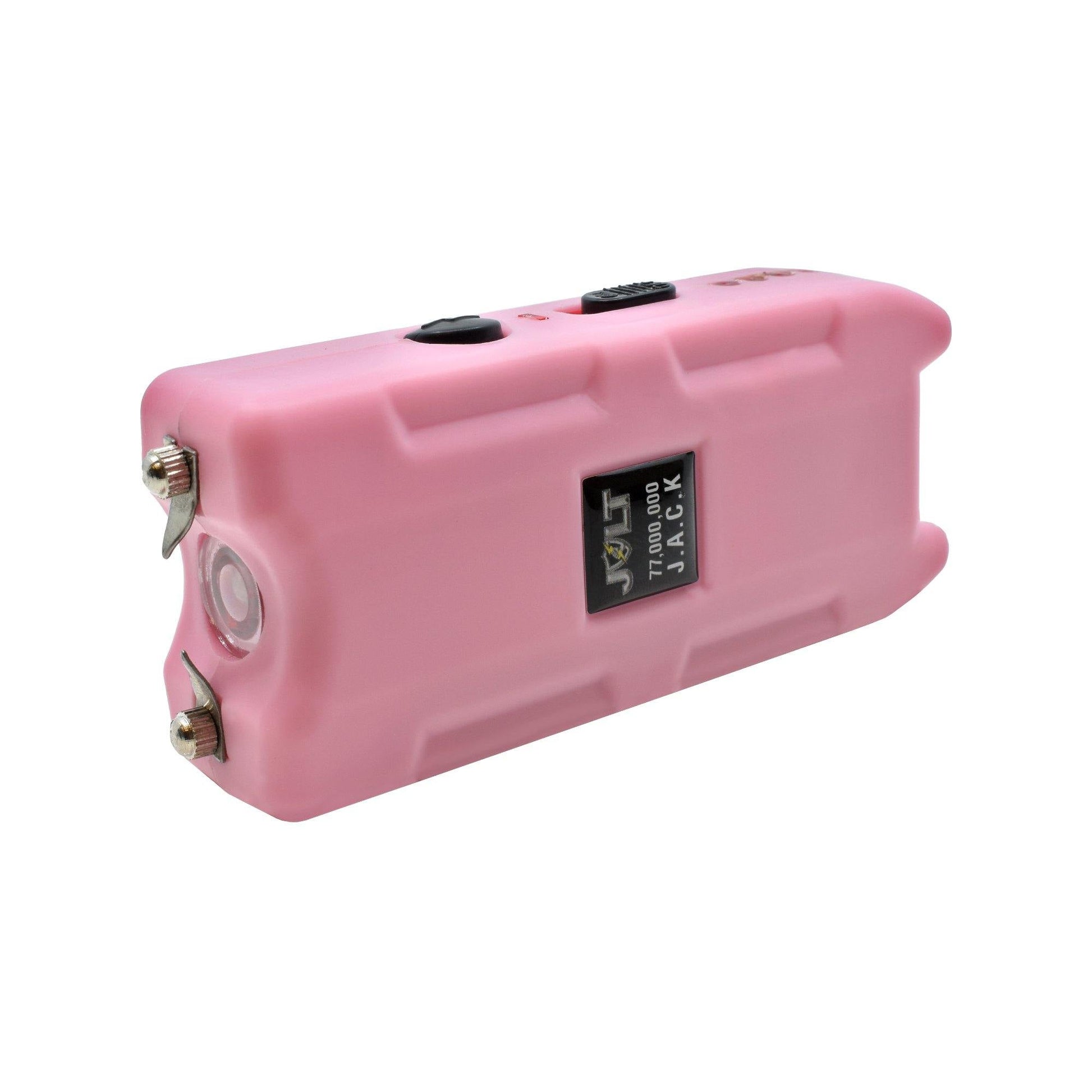 JACK 77,000,000 Stun Gun - compact and high-powered self-defense device designed for easy handling and quick response in emergencies, in white background.