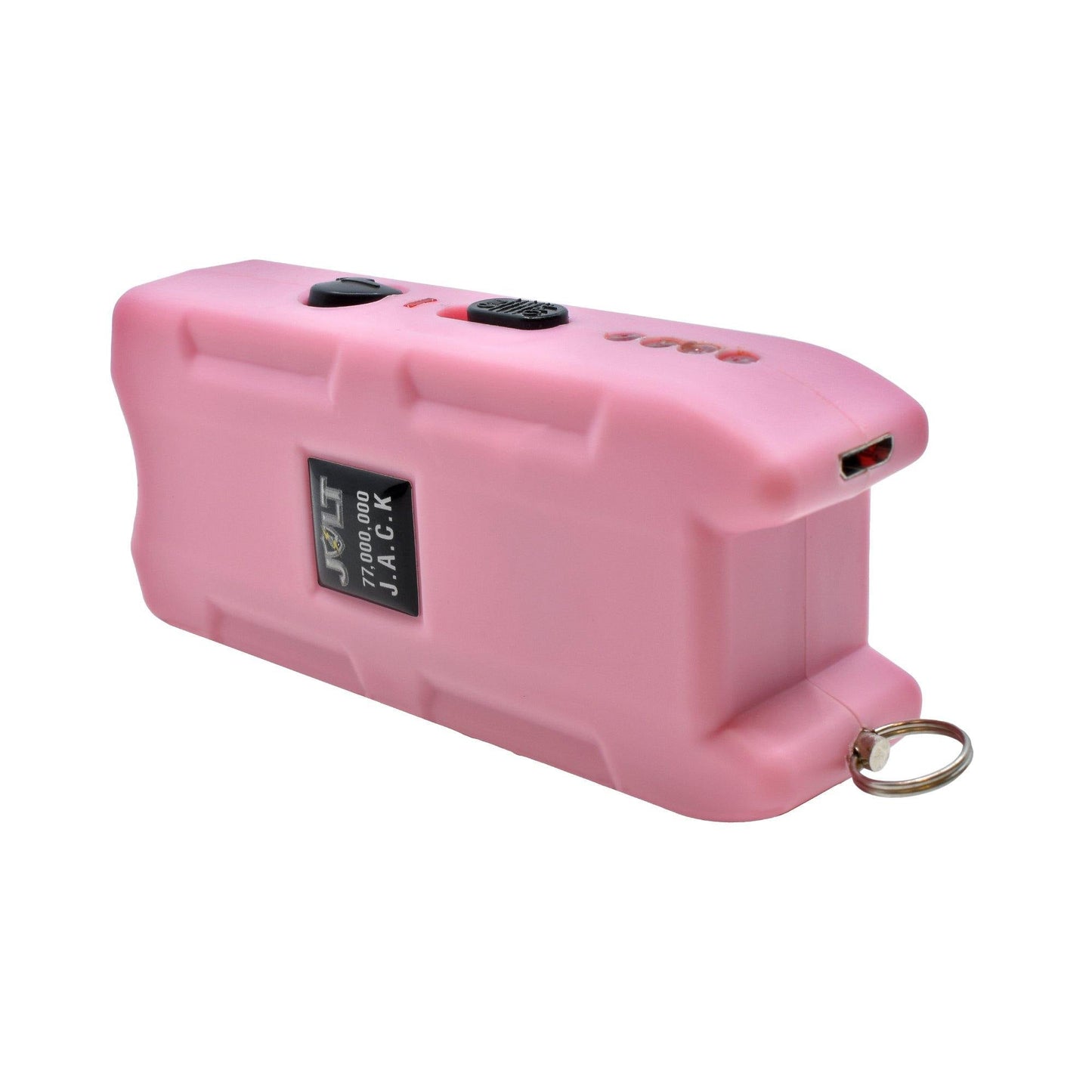 JACK 77,000,000 Stun Gun - compact and high-powered self-defense device designed for easy handling and quick response in emergencies, in white background.