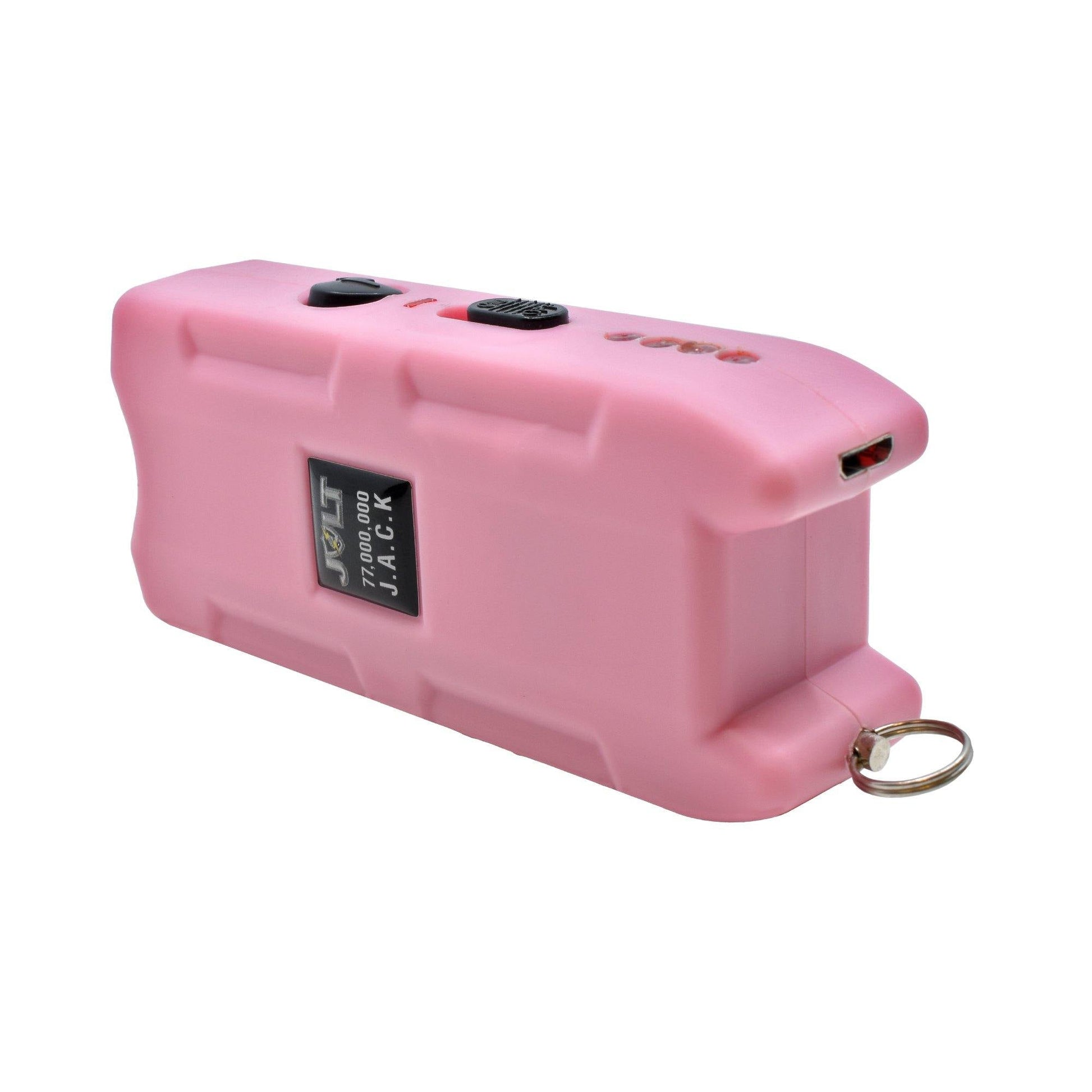 JACK 77,000,000 Stun Gun - compact and high-powered self-defense device designed for easy handling and quick response in emergencies, in white background.