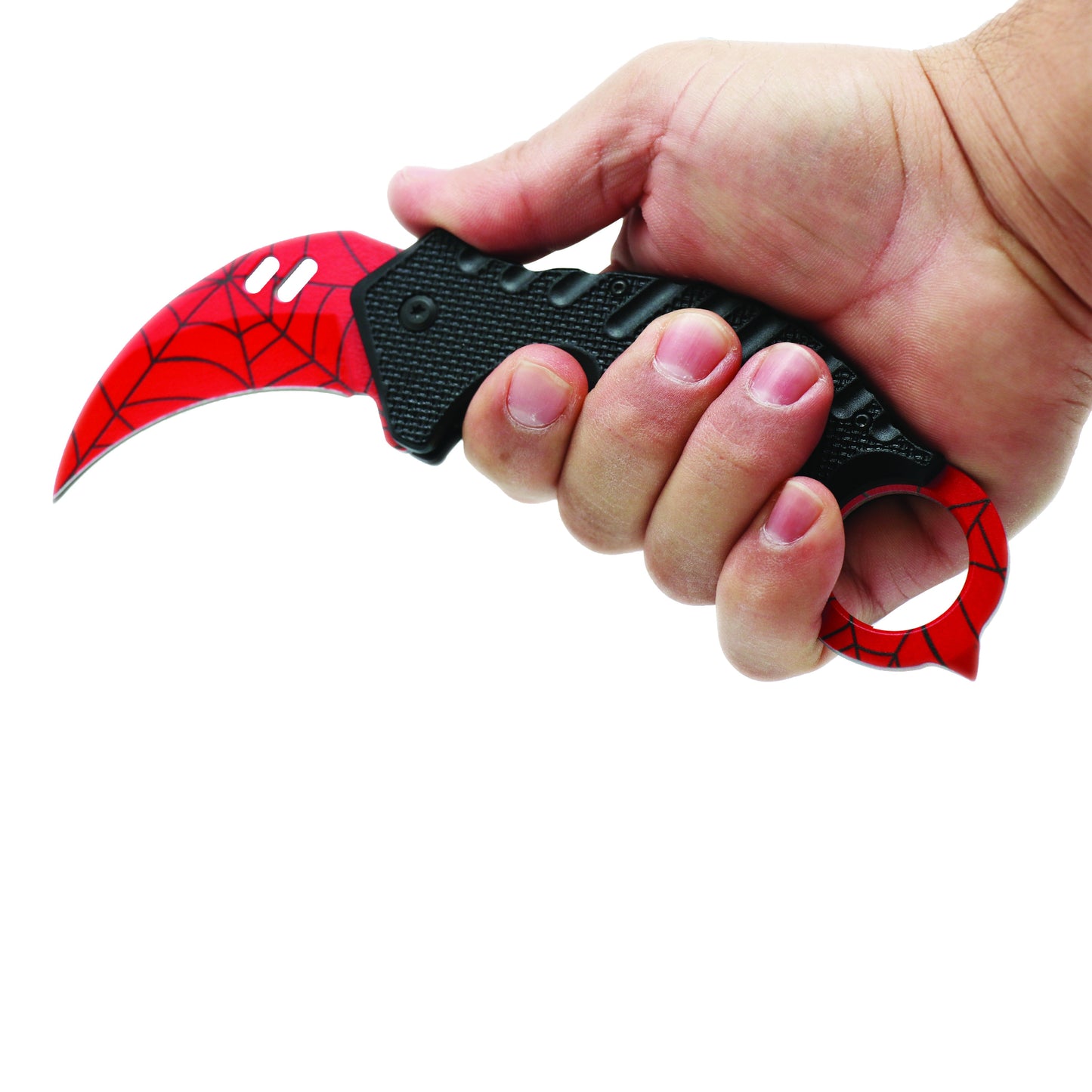 Someone holding Karambit 5.25" Knife - curved blade folding knife designed for tactical use, featuring an ergonomic handle and a secure grip for self-defense, in white background.