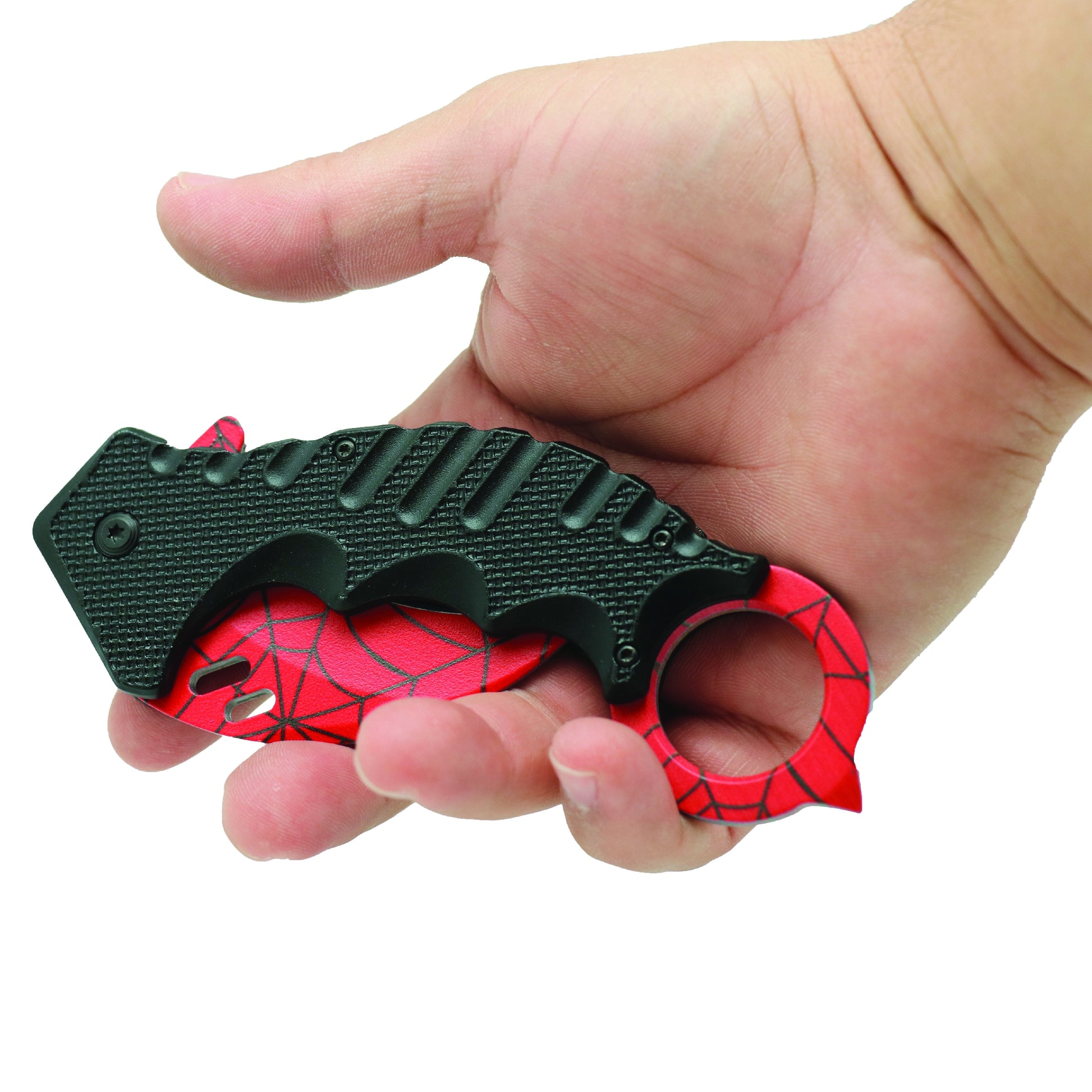 Someone holding Karambit 5.25" Knife - curved blade folding knife designed for tactical use, featuring an ergonomic handle and a secure grip for self-defense, in white background.