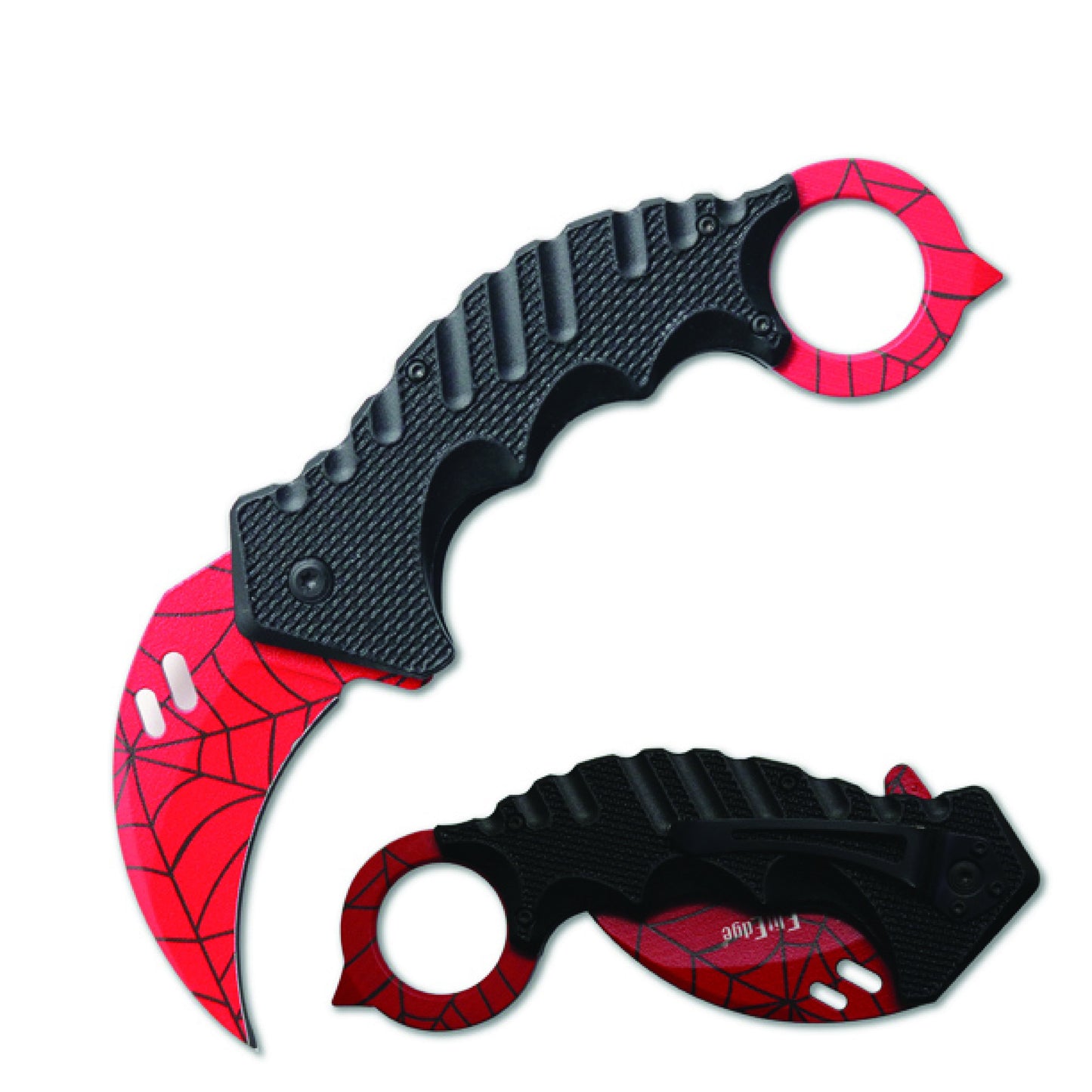 Karambit 5.25" Knife - curved blade folding knife designed for tactical use, featuring an ergonomic handle and a secure grip for self-defense, in white background.