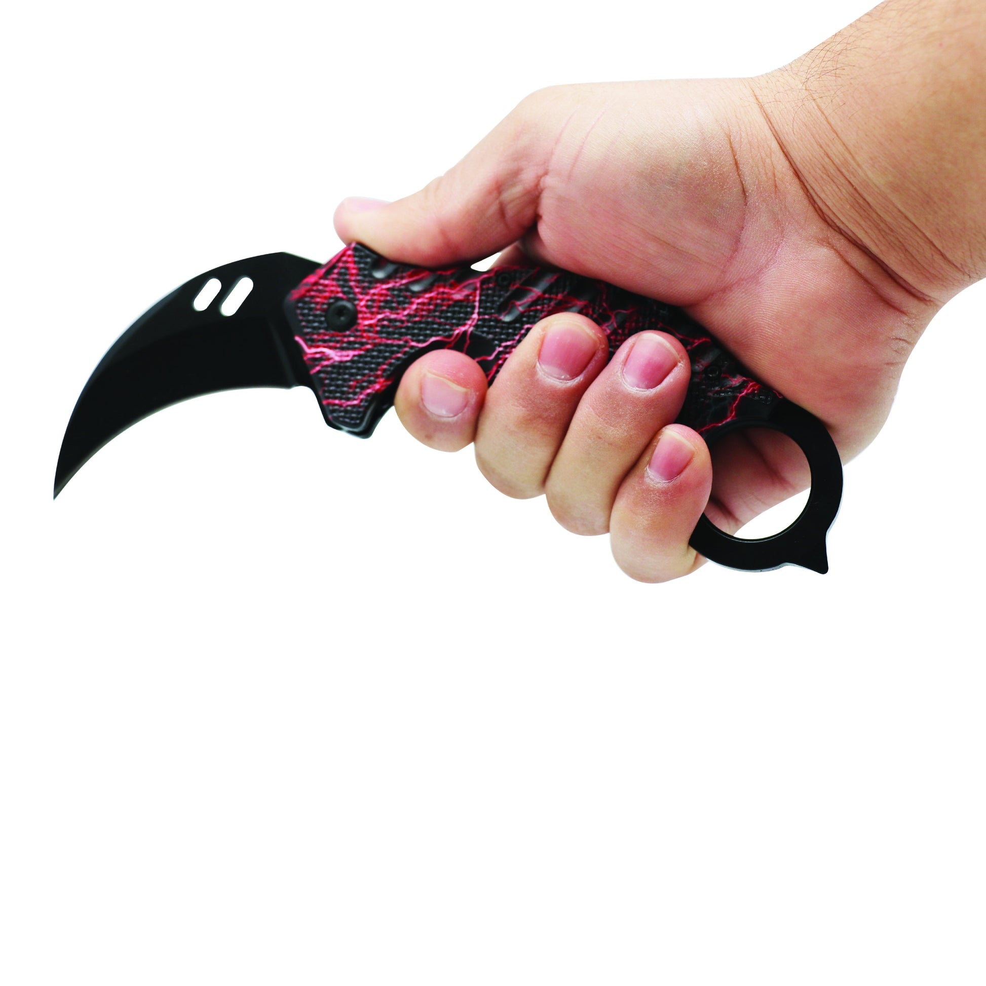 Someone holding Karambit 5.25" Knife - curved blade folding knife designed for tactical use, featuring an ergonomic handle and a secure grip for self-defense, in white background.