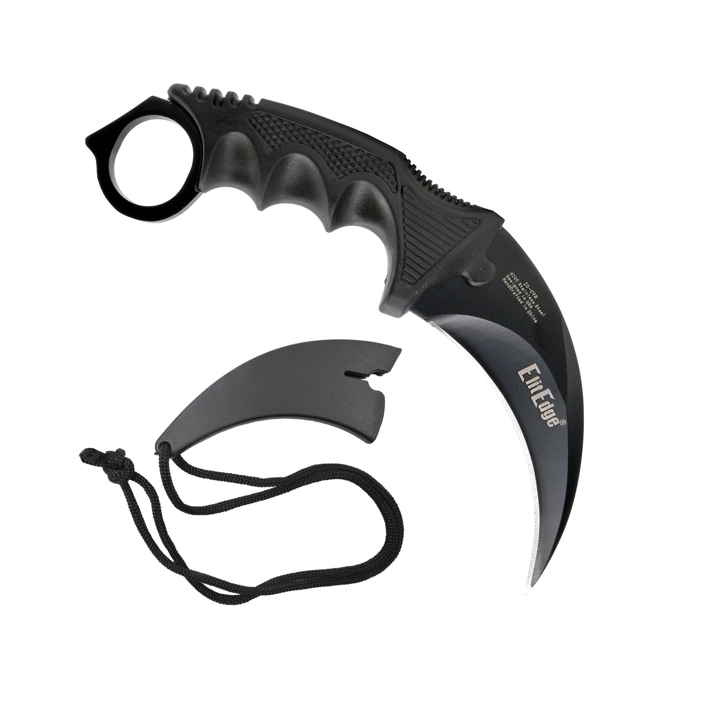 Karambit 7.5” Neck Knife – compact fixed-blade knife with a curved karambit design, featuring a neck sheath for discreet and accessible carry, in white background.