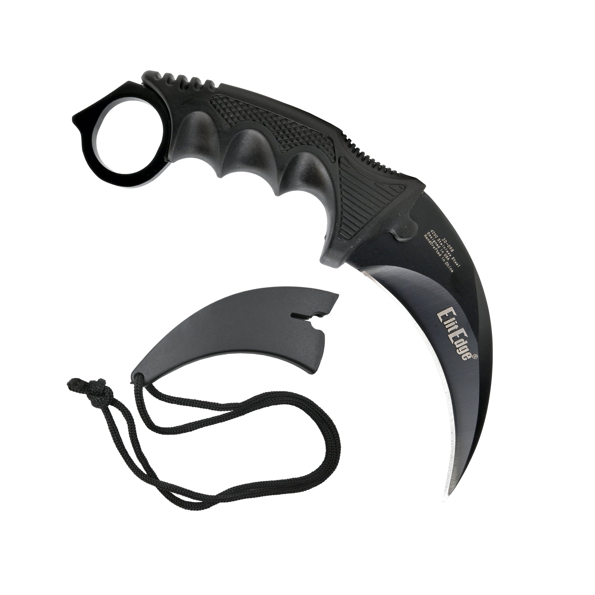Karambit 7.5” Neck Knife – compact fixed-blade knife with a curved karambit design, featuring a neck sheath for discreet and accessible carry, in white background.