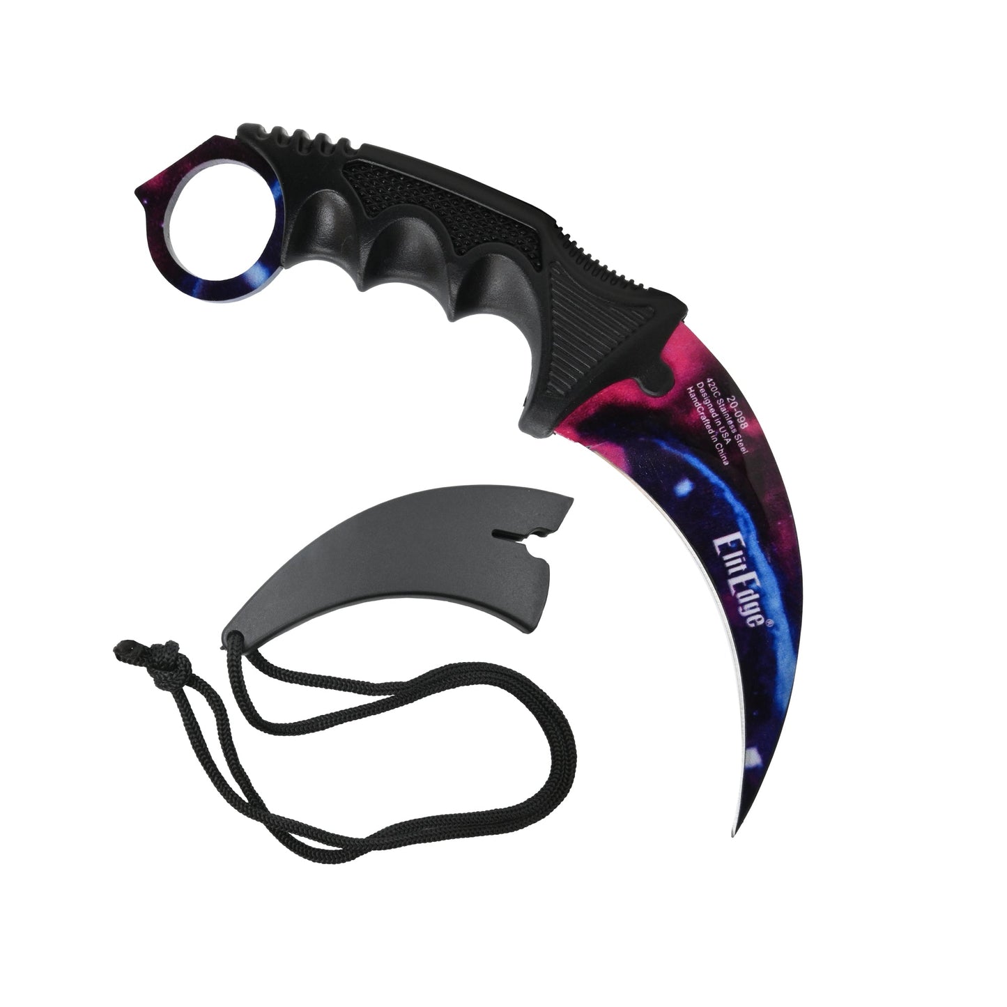 Karambit 7.5” Neck Knife – compact fixed-blade knife with a curved karambit design, featuring a neck sheath for discreet and accessible carry, in white background.