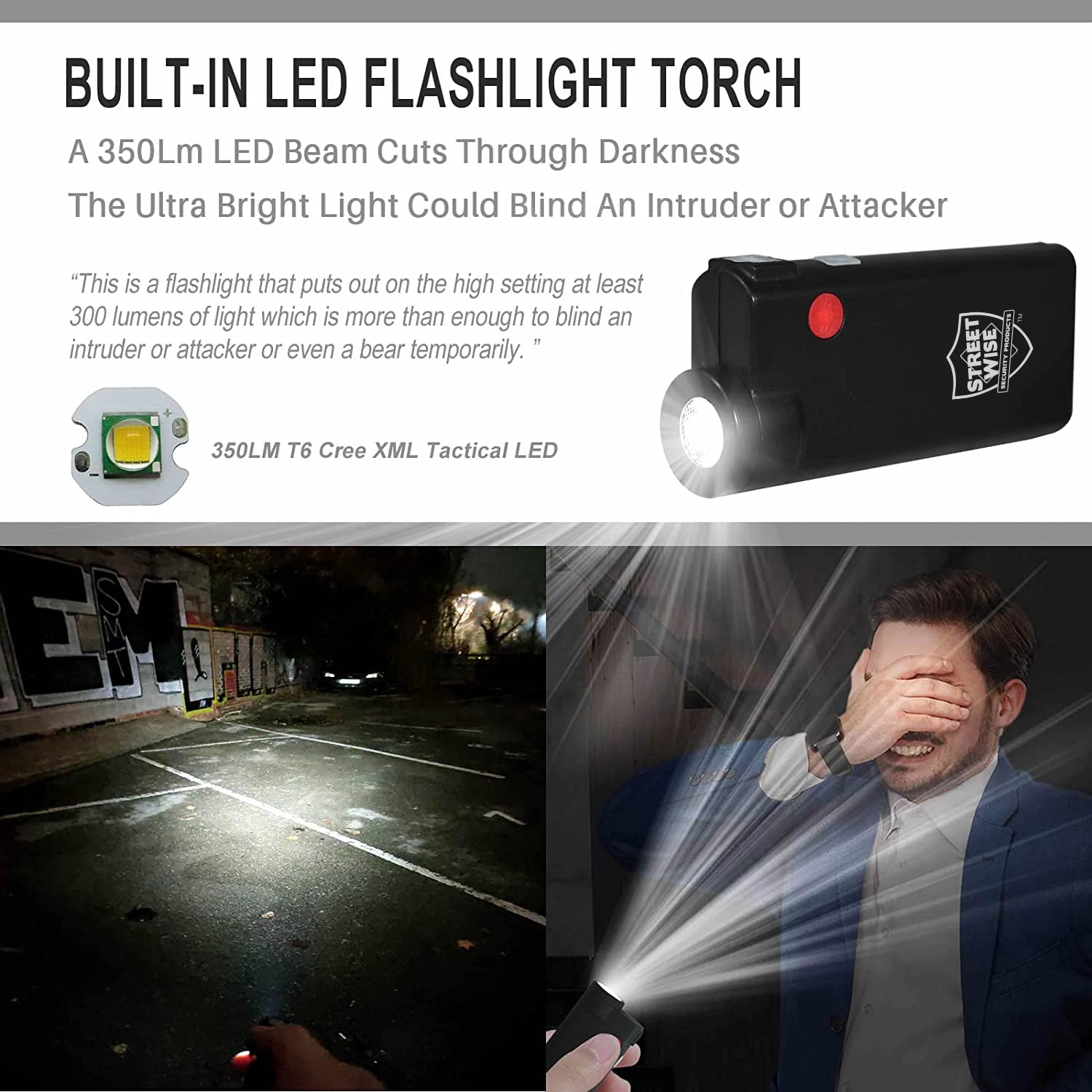 Knight Light Alarm & Flashlight – dual-function personal safety device combining a loud alarm and a bright flashlight for emergency situations, illuminating and blinding a person.