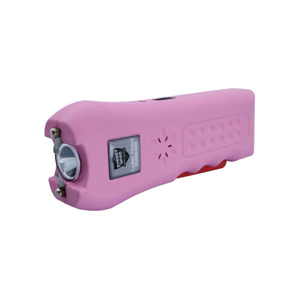 Ladies Choice 21,000,000 Stun Gun - compact and stylish self-defense device designed specifically for women, combining high voltage power with a bright flashlight, in white background.