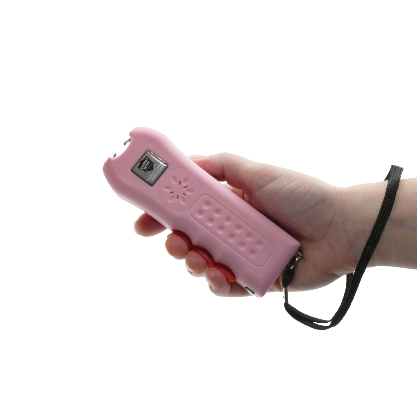 Someone holding Ladies Choice 21,000,000 Stun Gun - compact and stylish self-defense device designed specifically for women, combining high voltage power with a bright flashlight, in white background.