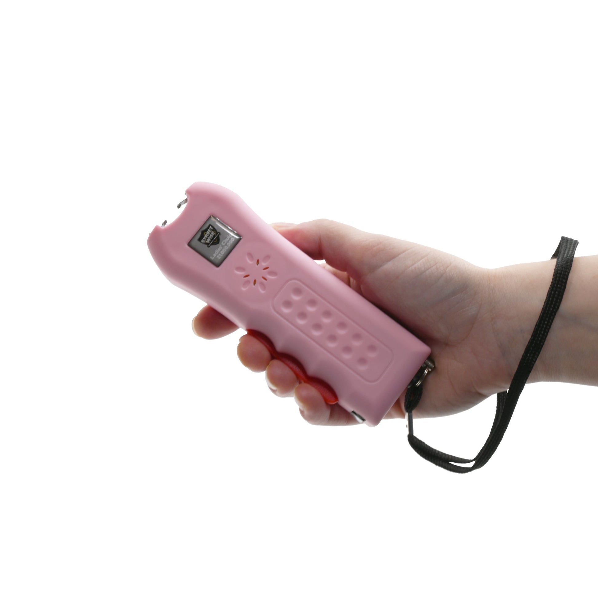 Someone holding Ladies Choice 21,000,000 Stun Gun - compact and stylish self-defense device designed specifically for women, combining high voltage power with a bright flashlight, in white background.