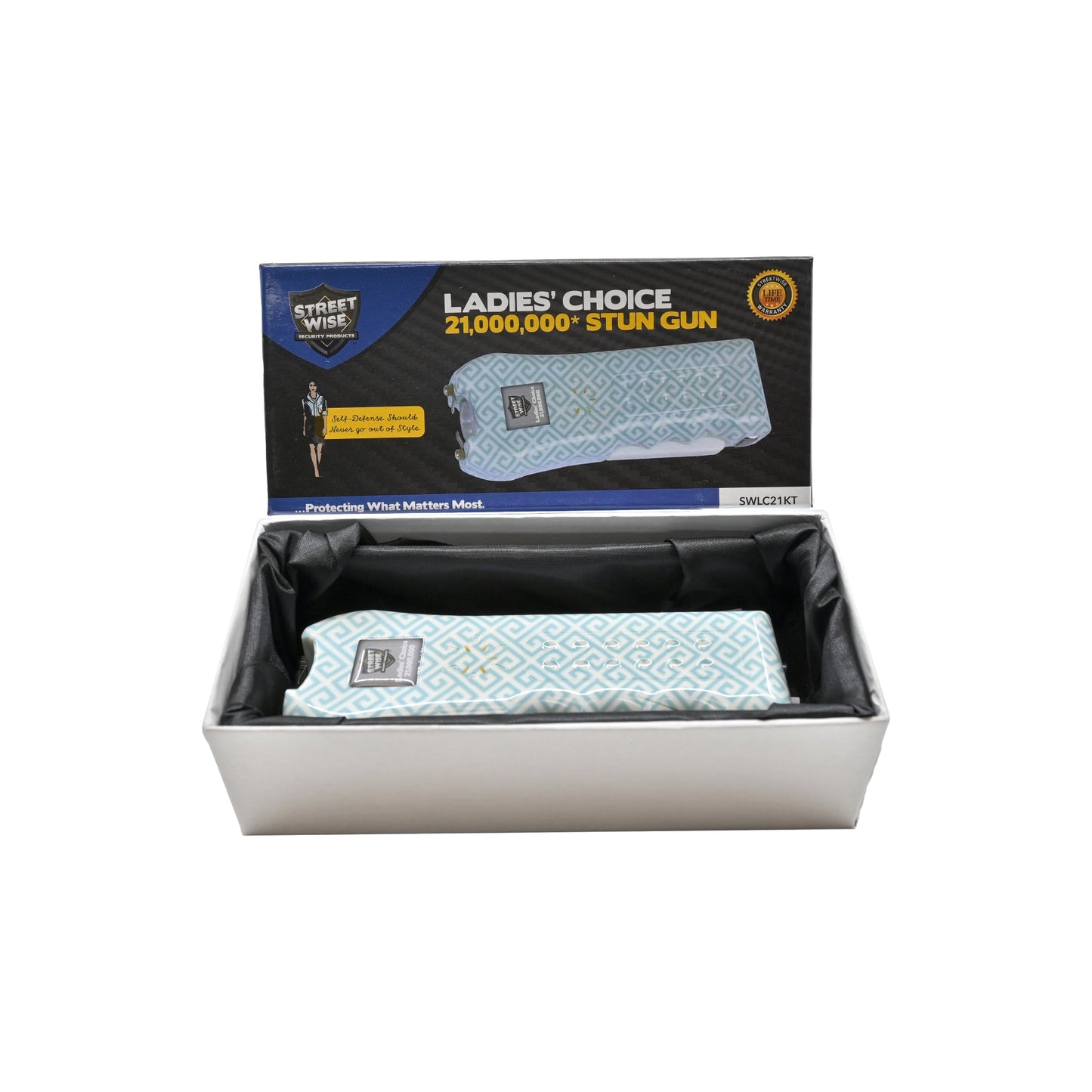 Ladies Choice 21,000,000 Stun Gun - compact and stylish self-defense device designed specifically for women, combining high voltage power with a bright flashlight, in white background.