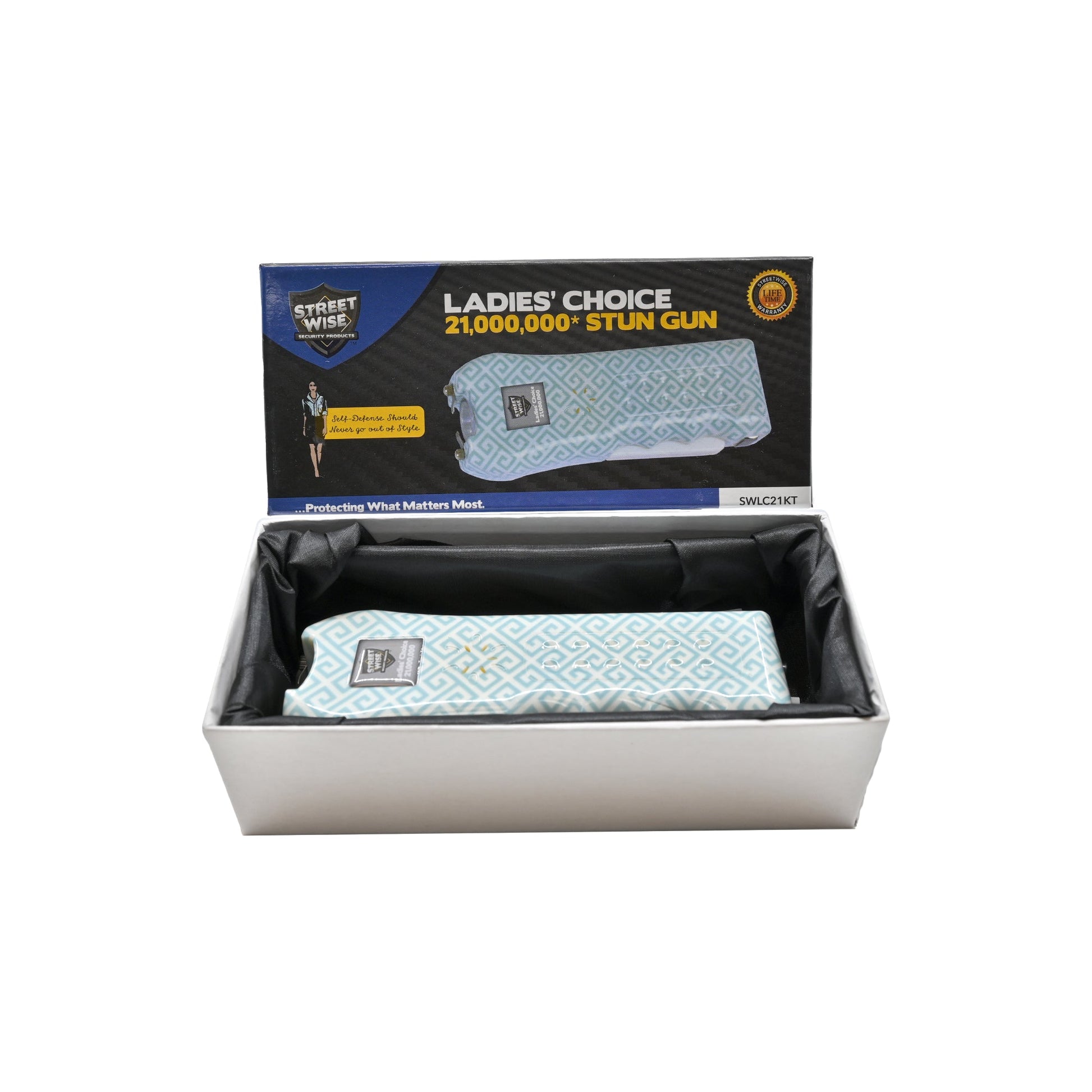 Ladies Choice 21,000,000 Stun Gun - compact and stylish self-defense device designed specifically for women, combining high voltage power with a bright flashlight, in white background.