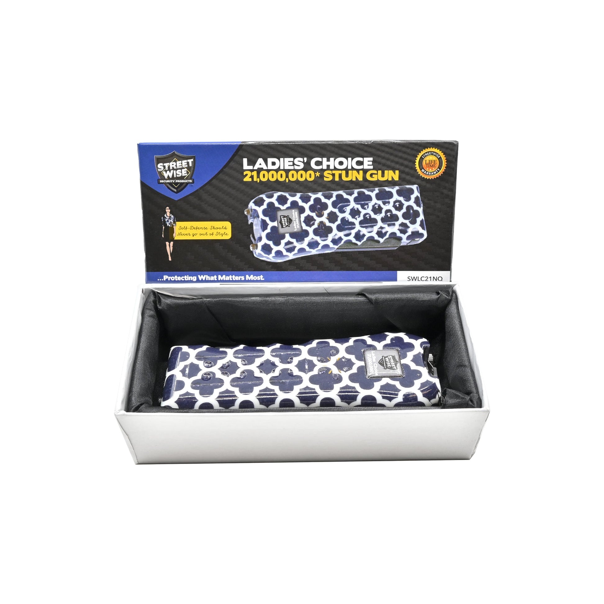 Ladies Choice 21,000,000 Stun Gun - compact and stylish self-defense device designed specifically for women, combining high voltage power with a bright flashlight, in white background.